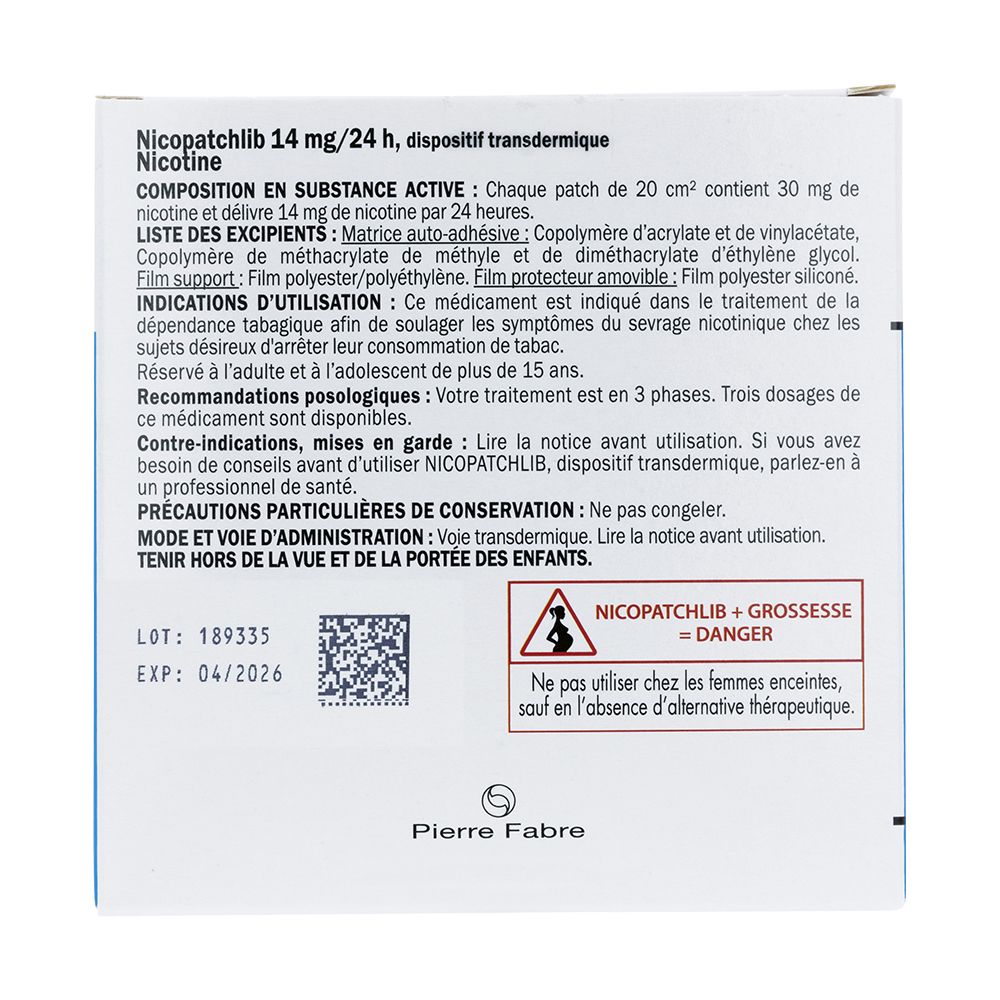 Dos de la boîte avec informations produit. Contient du texte en français, code QR, logo fabricant et avertissement.