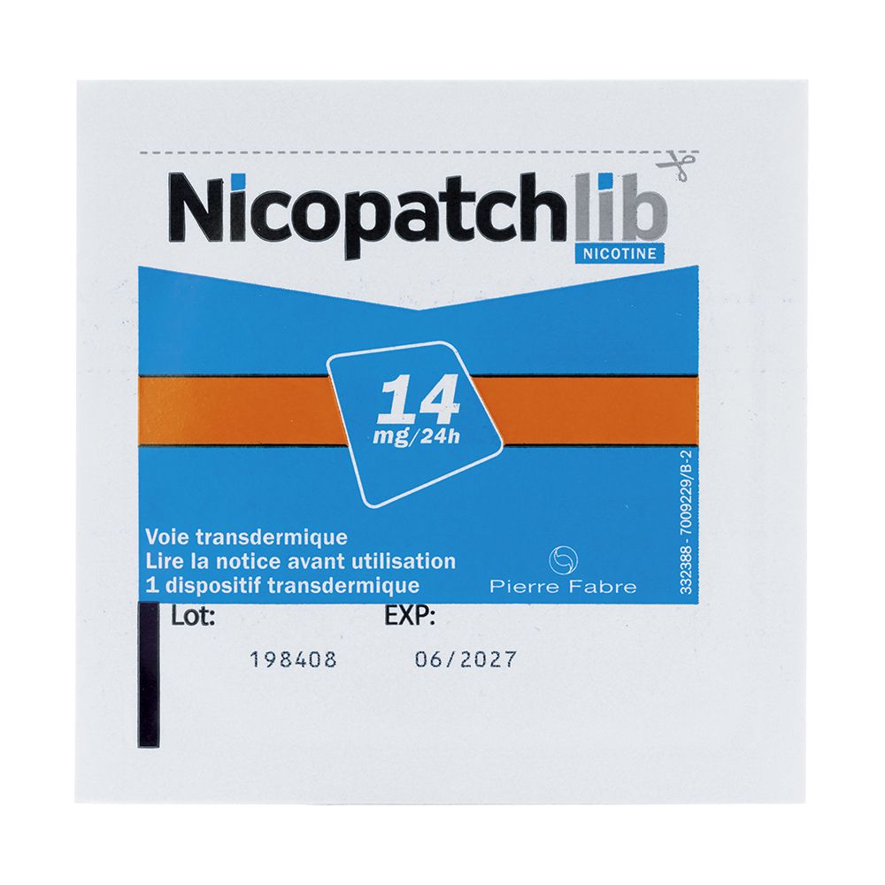 Patch Nicopatchlib individuel dans un emballage. Contient 14 mg/24 h. Avec date de péremption.