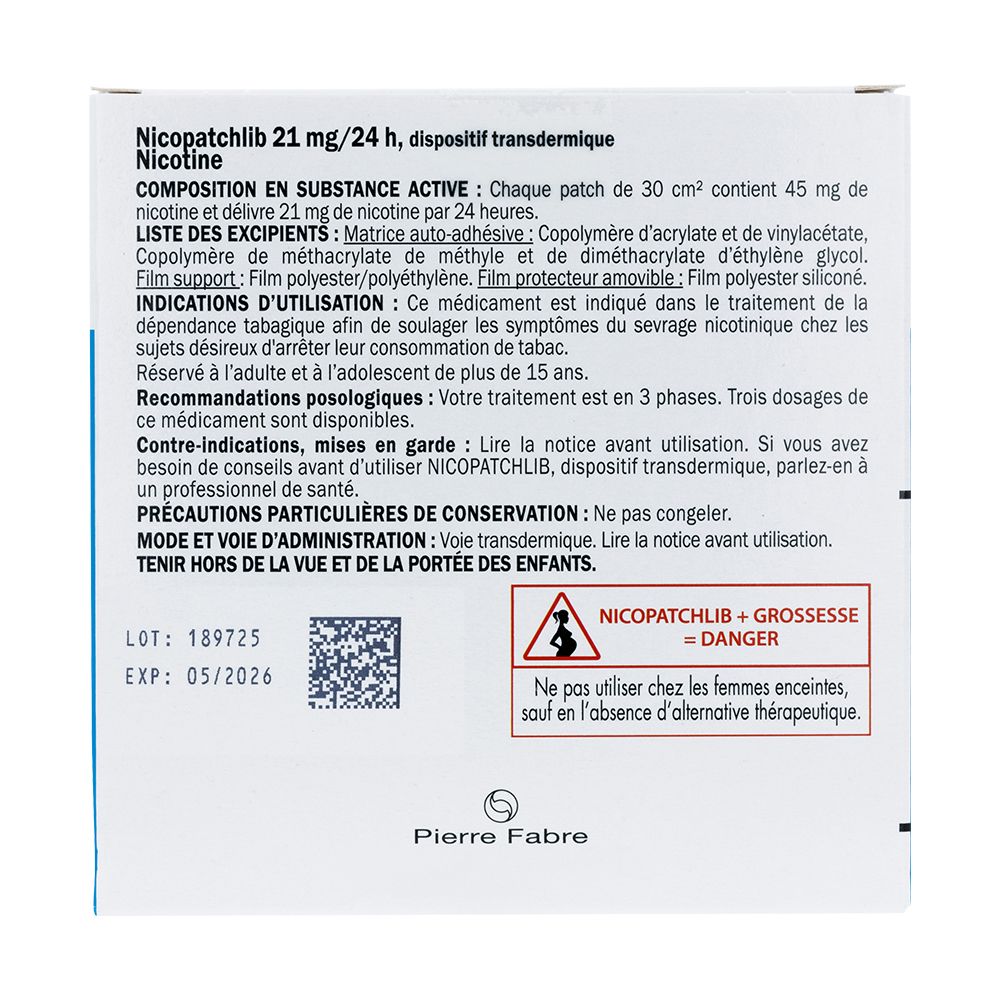 Dos de l'emballage Nicopatchlib. Informations sur les ingrédients, l'utilisation et les avertissements. Texte en français.