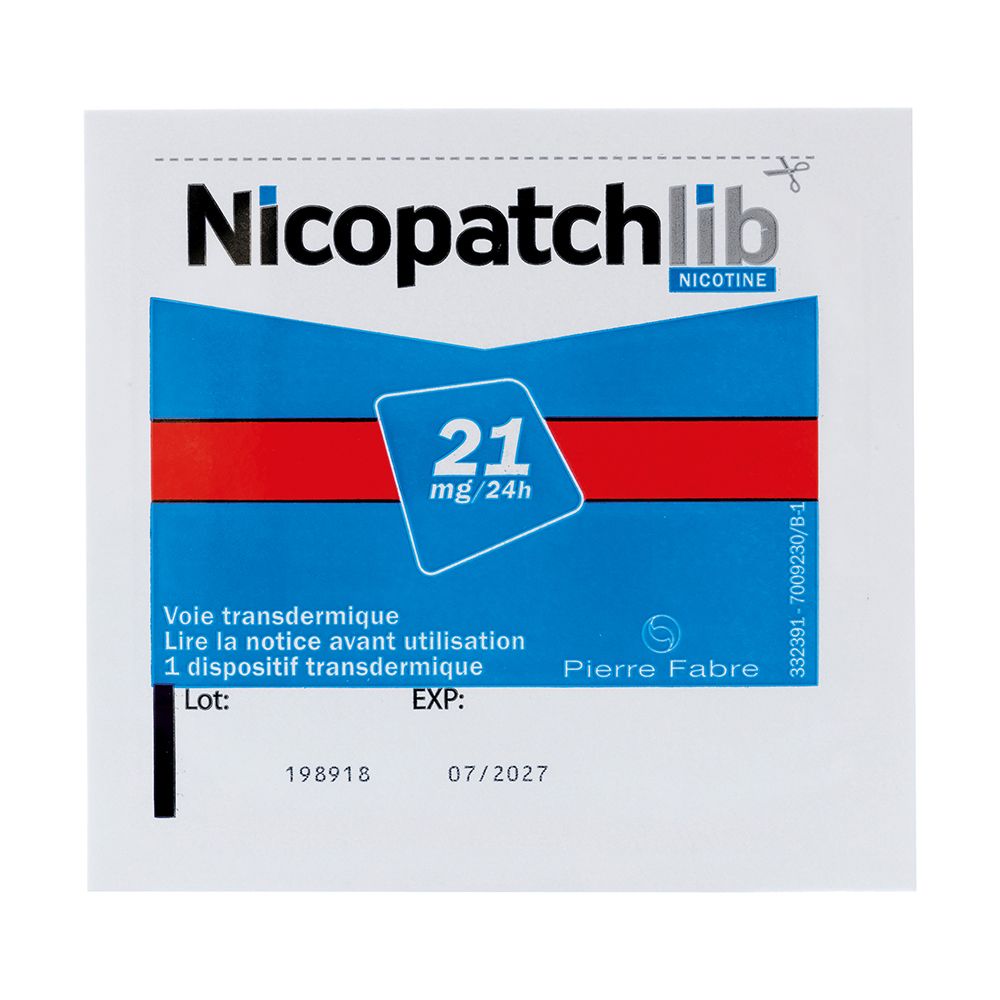 Emballage de patch Nicopatchlib. Contient 1 dispositif transdermique. Inscription : 21 mg/24h. Date d'expiration 07/2027.