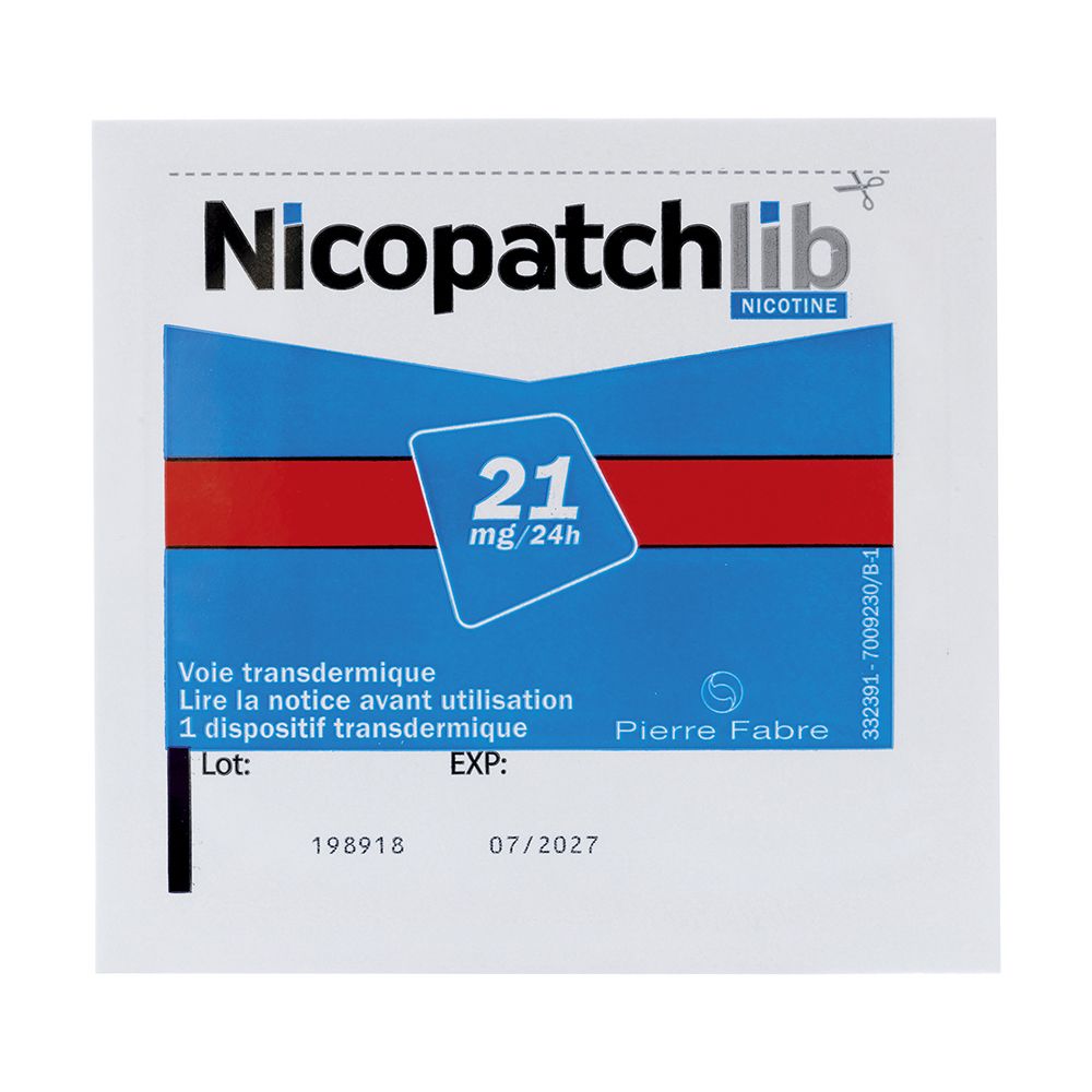 Emballage avec nom du produit et 21 mg/24 h. Contient 1 patch transdermique.