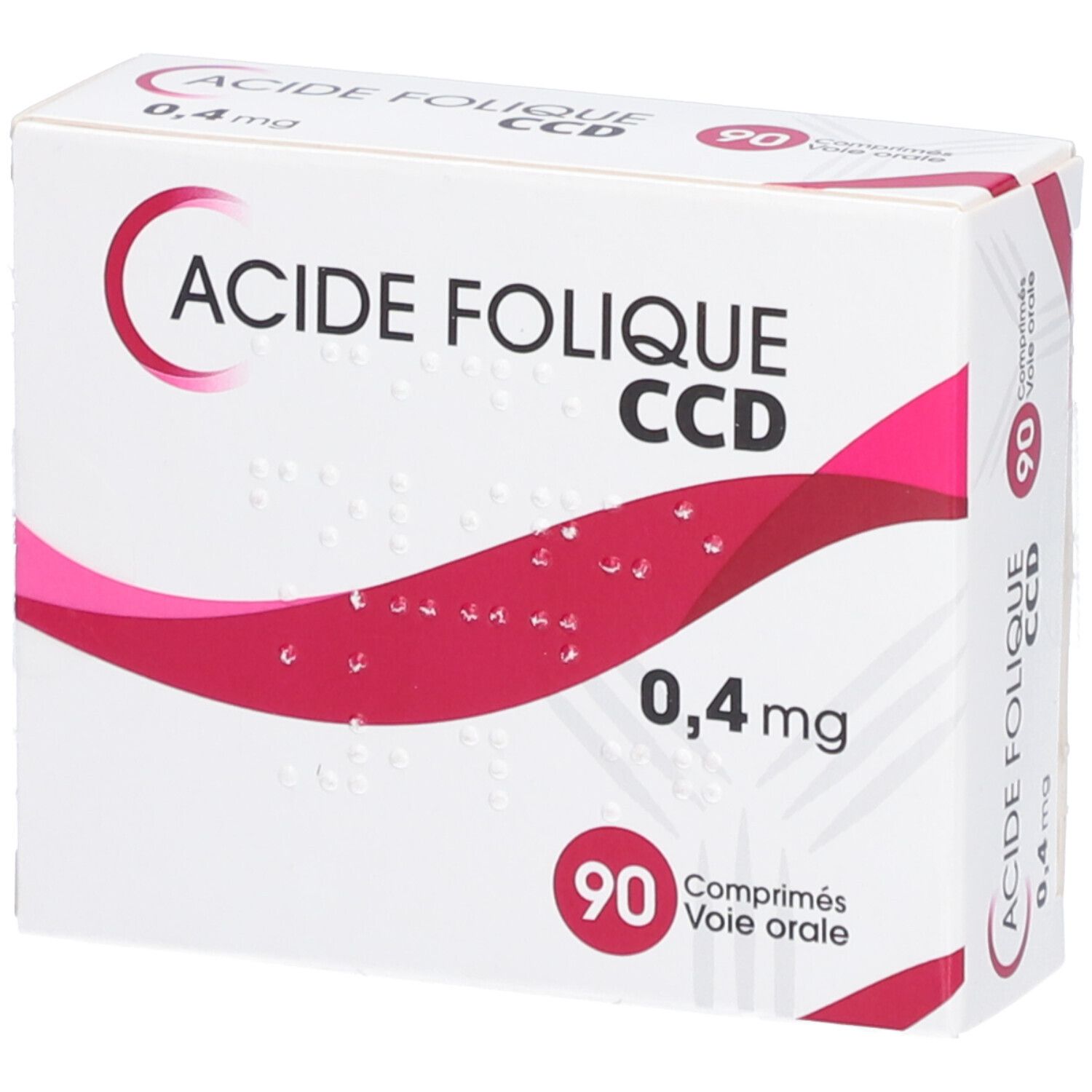 Boîte de 'Acide Folique CCD 0,4 mg Comprimés'. 90 comprimés. Emballage blanc et rose.