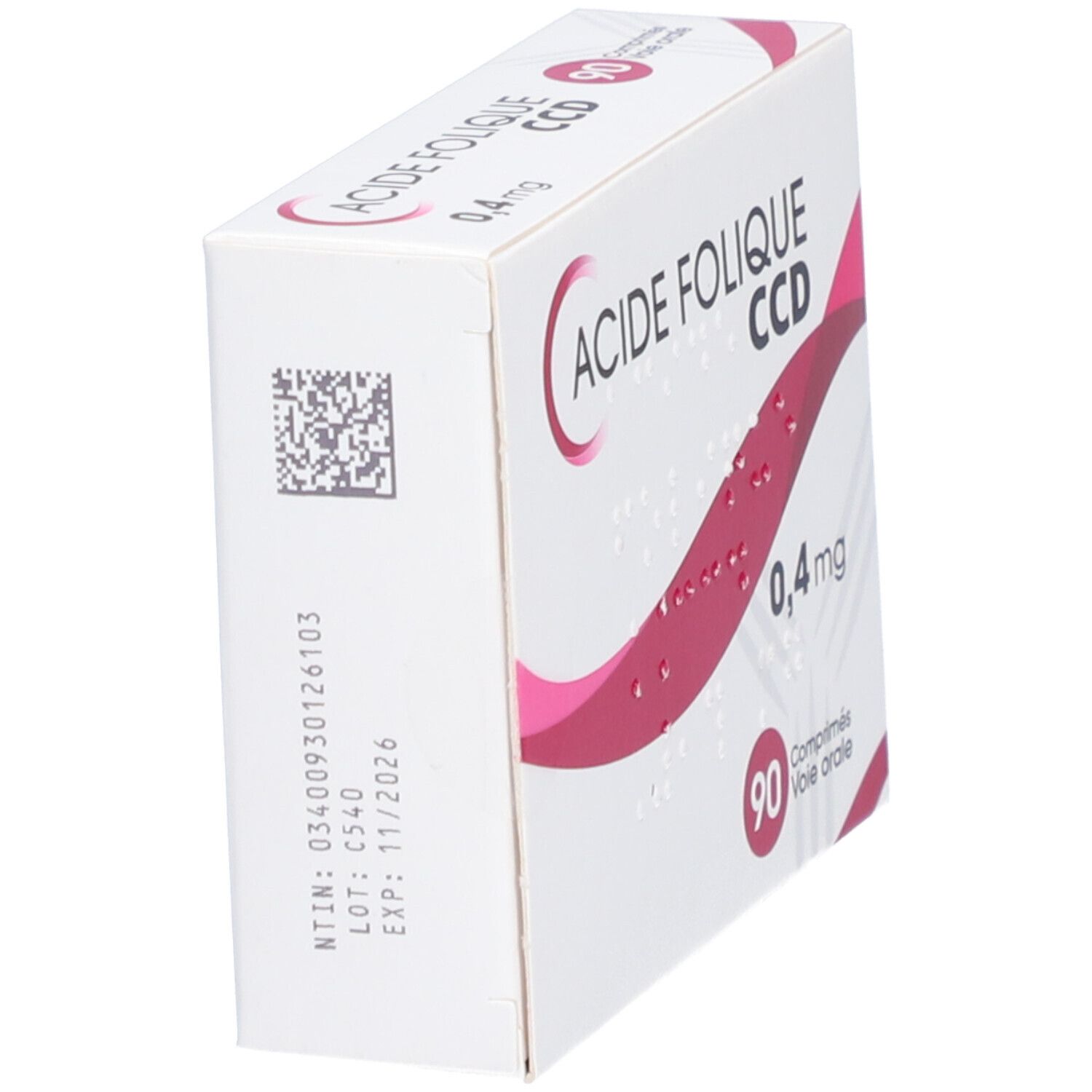 Boîte 'Acide Folique CCD 0,4 mg Comprimés'. Vue latérale. Code-barres, lot et date d'expiration.