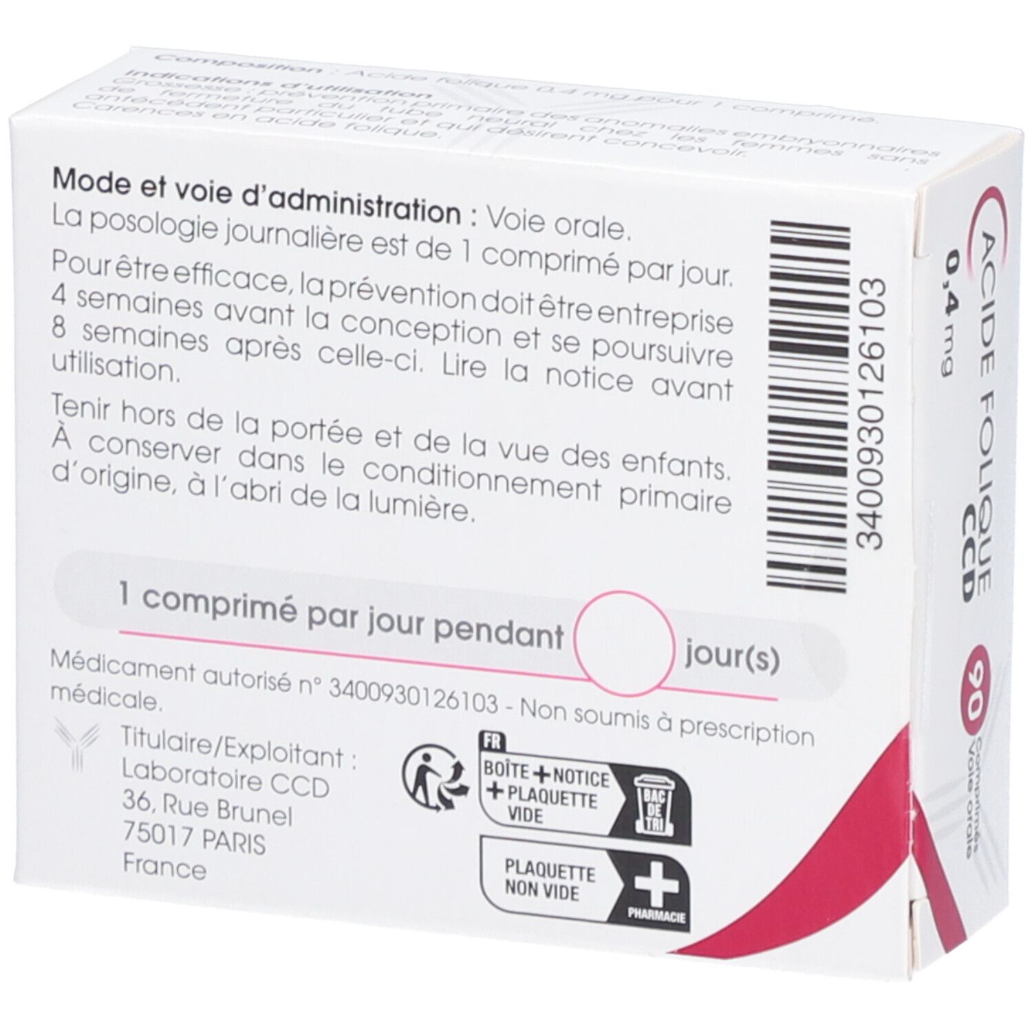 Dos de la boîte 'Acide Folique CCD 0,4 mg Comprimés'. Informations textuelles et pictogrammes.