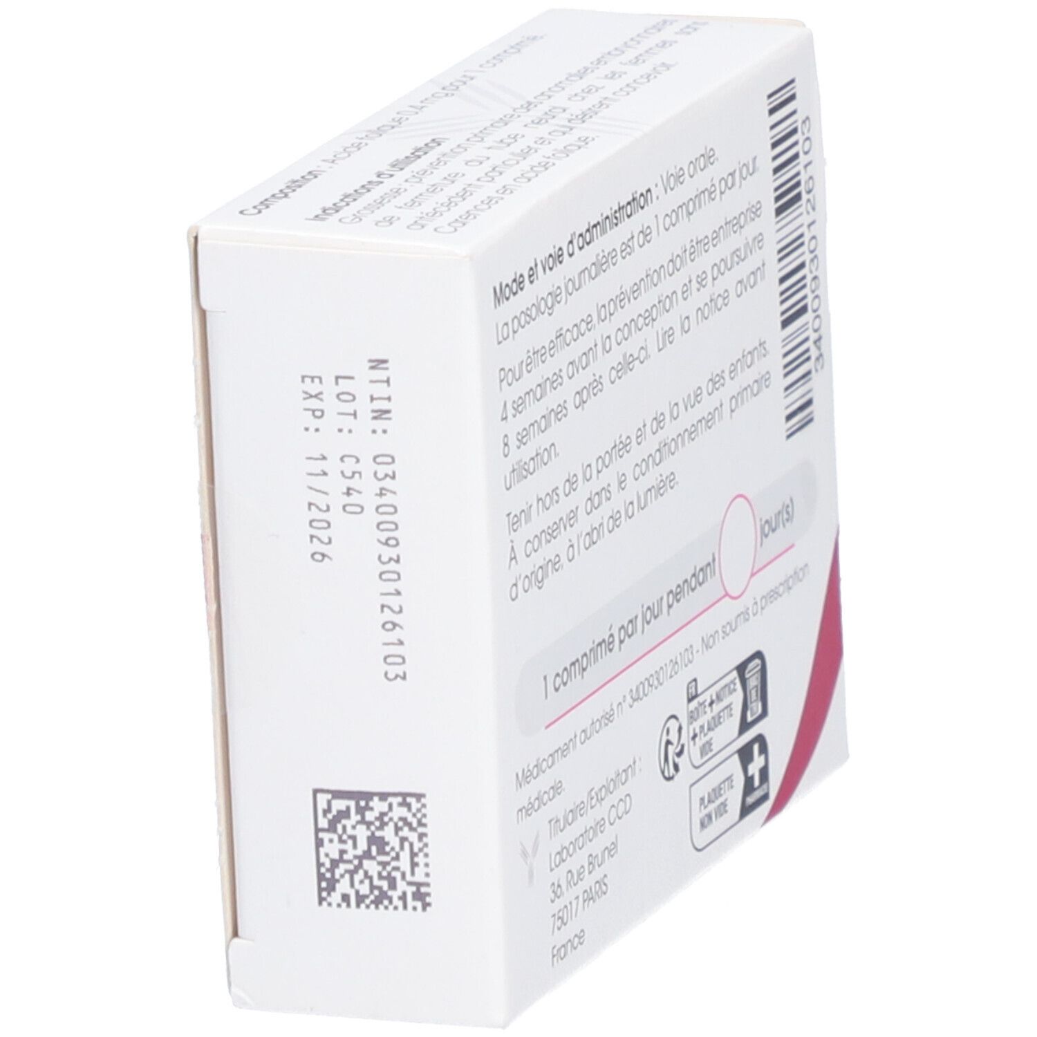 Boîte 'Acide Folique CCD 0,4 mg Comprimés'. Vue latérale avec texte et code-barres.