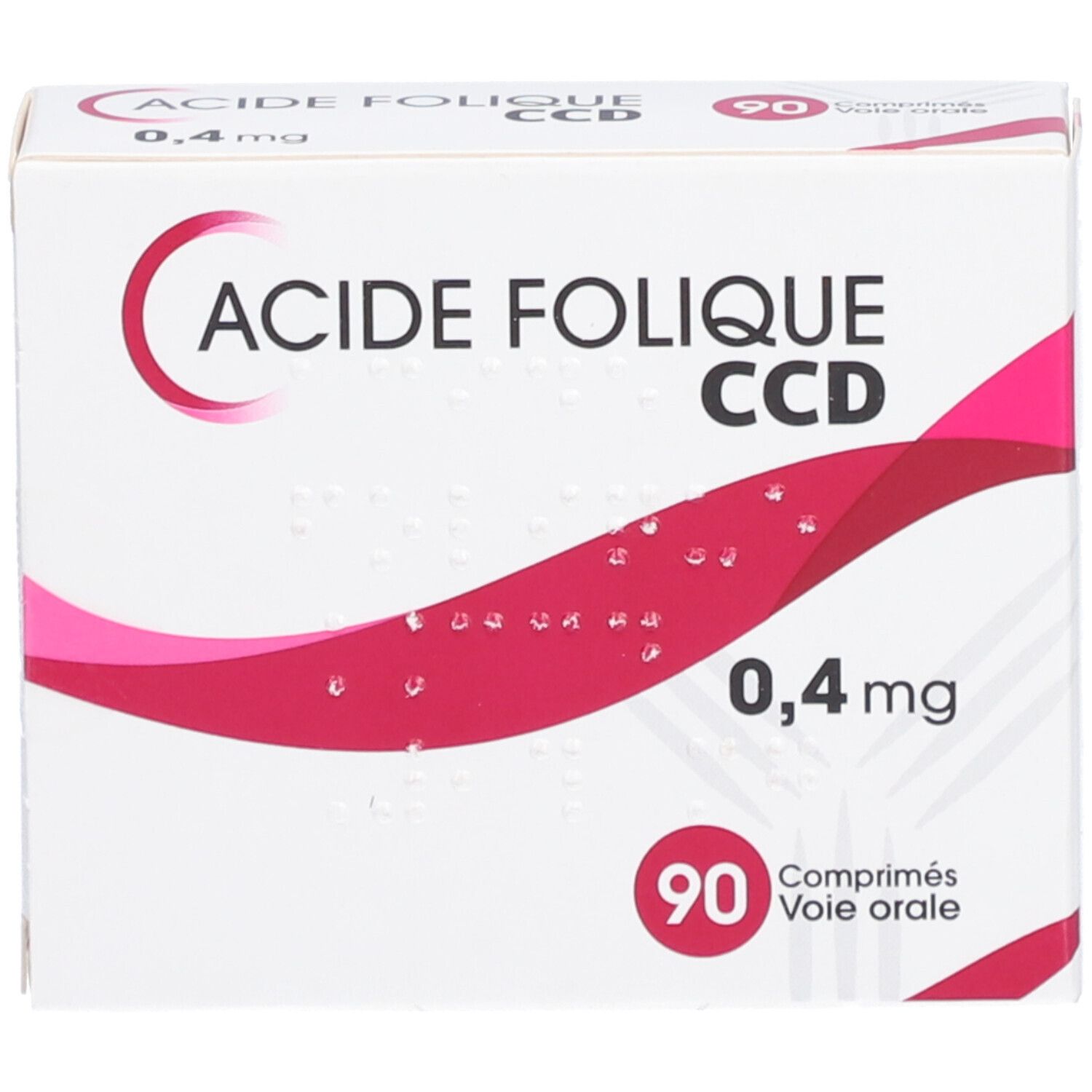 Boîte 'Acide Folique CCD 0,4 mg Comprimés'. 90 comprimés. Emballage blanc avec graphique rouge.