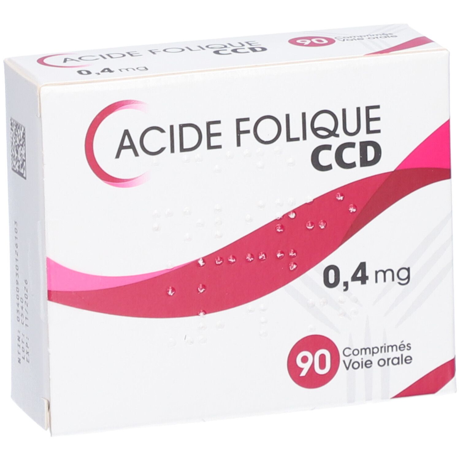 Boîte 'Acide Folique CCD 0,4 mg Comprimés'. 90 comprimés. Emballage blanc avec graphique rouge.