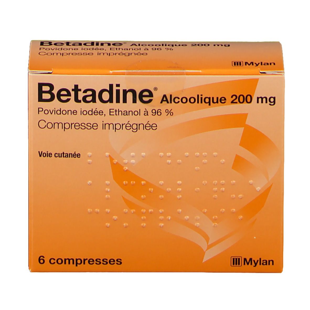 Boîte orange avec nom du produit et informations. 6 comprimés. Marque : Betadine.