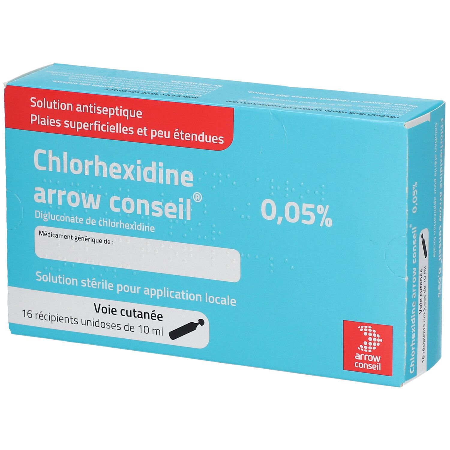 Boîte bleue et blanche avec nom du produit et 0,05%. Contient 16 doses unitaires. Inscription : Chlorhexidine arrow conseil.