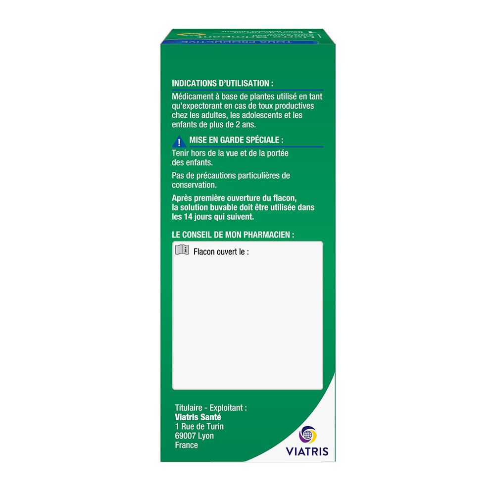 Dos de la boîte verte. Texte: Indications, précautions, conseil du pharmacien. Logo Viatris.