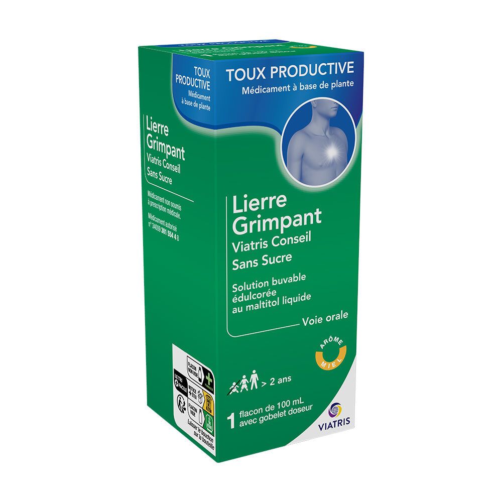 Boîte verte. Nom du produit: Lierre Grimpant Viatris Conseil Sans Sucre. Flacon 100 ml avec gobelet doseur. Logo Viatris.
