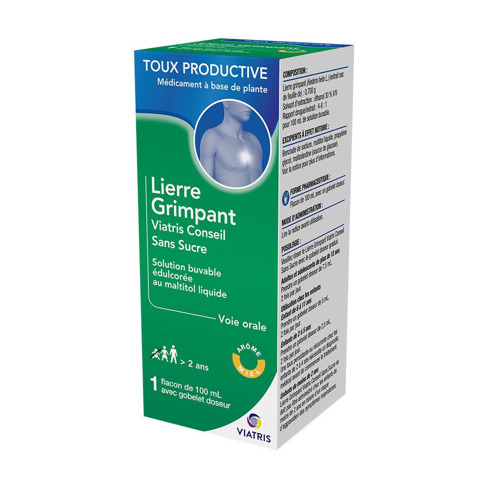 Boîte verte. Nom du produit: Lierre Grimpant Viatris Conseil Sans Sucre. Flacon 100 ml avec gobelet doseur. Logo Viatris.