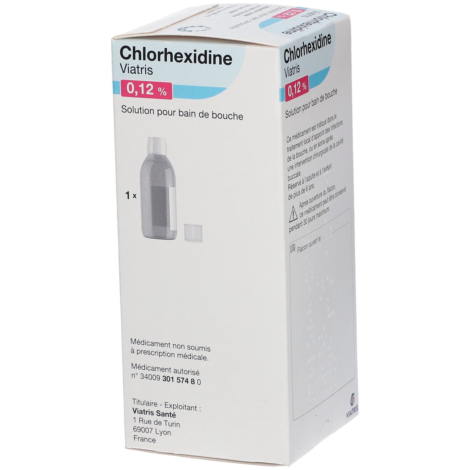 Emballage avec flacon et gobelet. Inscription: Chlorhexidine 0,12%. Solution pour bain de bouche. Logo Viatris. Produit médical.