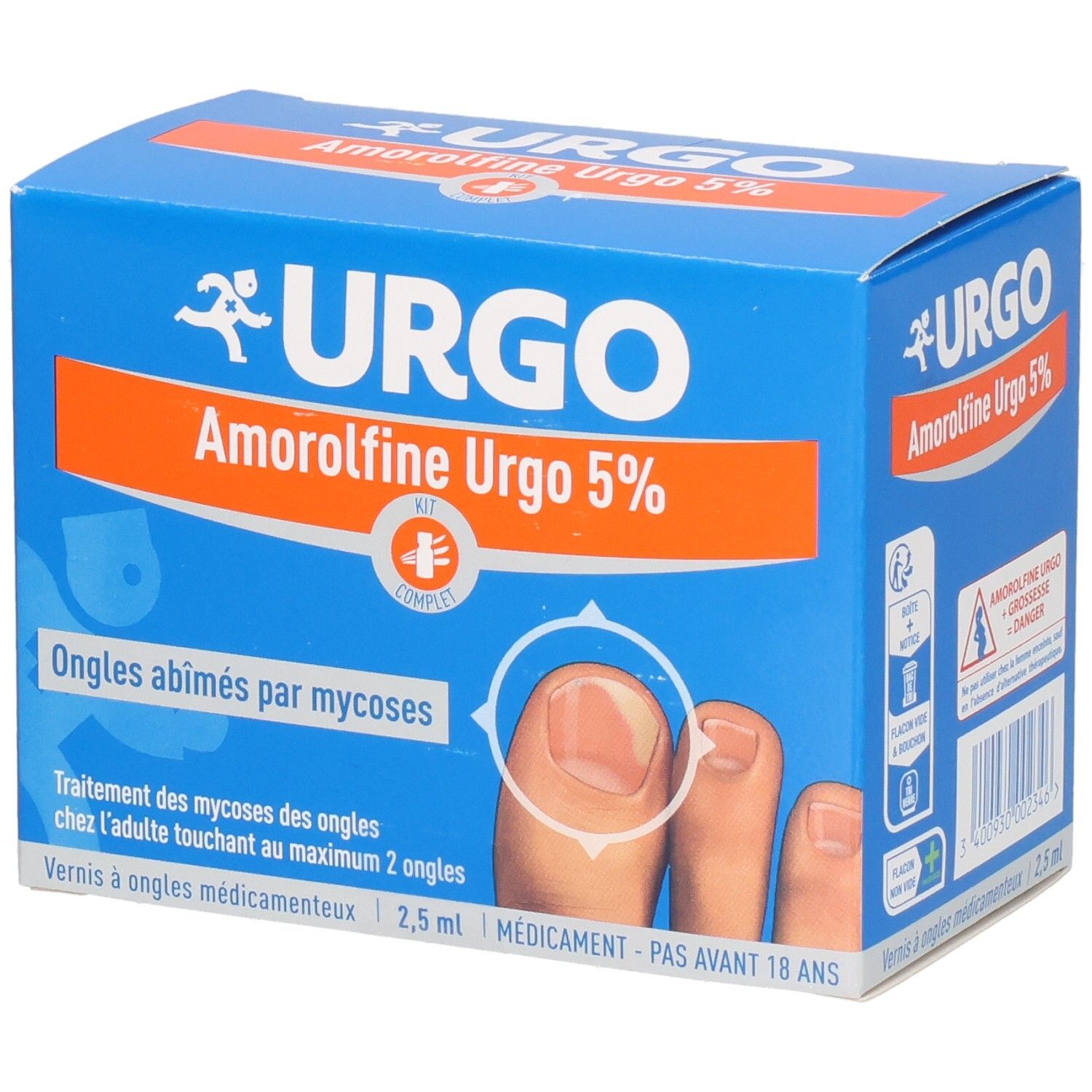 Boîte bleue et orange. URGO Amorolfine Urgo 5%. Kit complet pour mycoses des ongles. Visuel d'un ongle affecté.