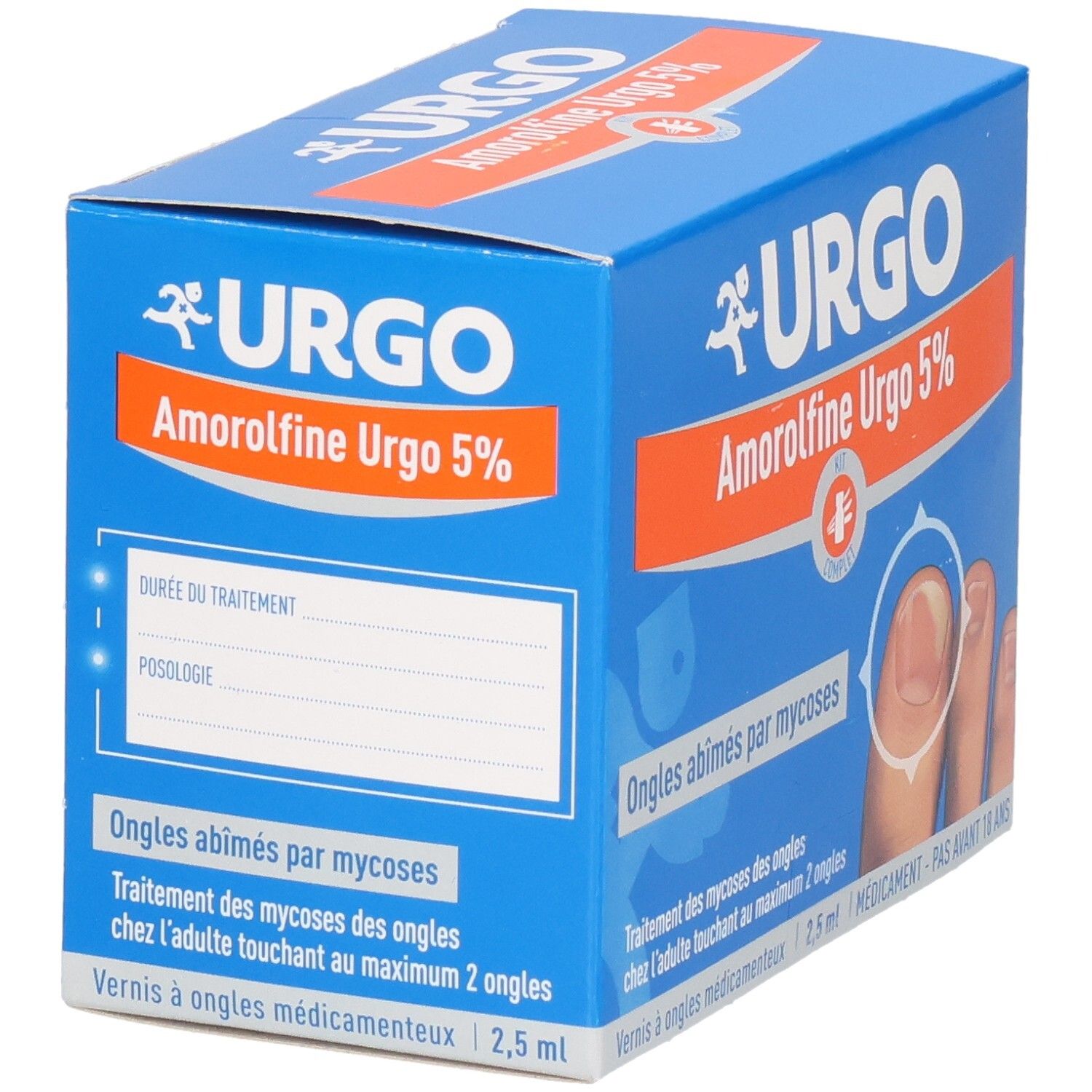 Boîte bleue. URGO Amorolfine Urgo 5%. Texte: Ongles abîmés par mycoses. 2,5 ml. Informations sur le traitement.