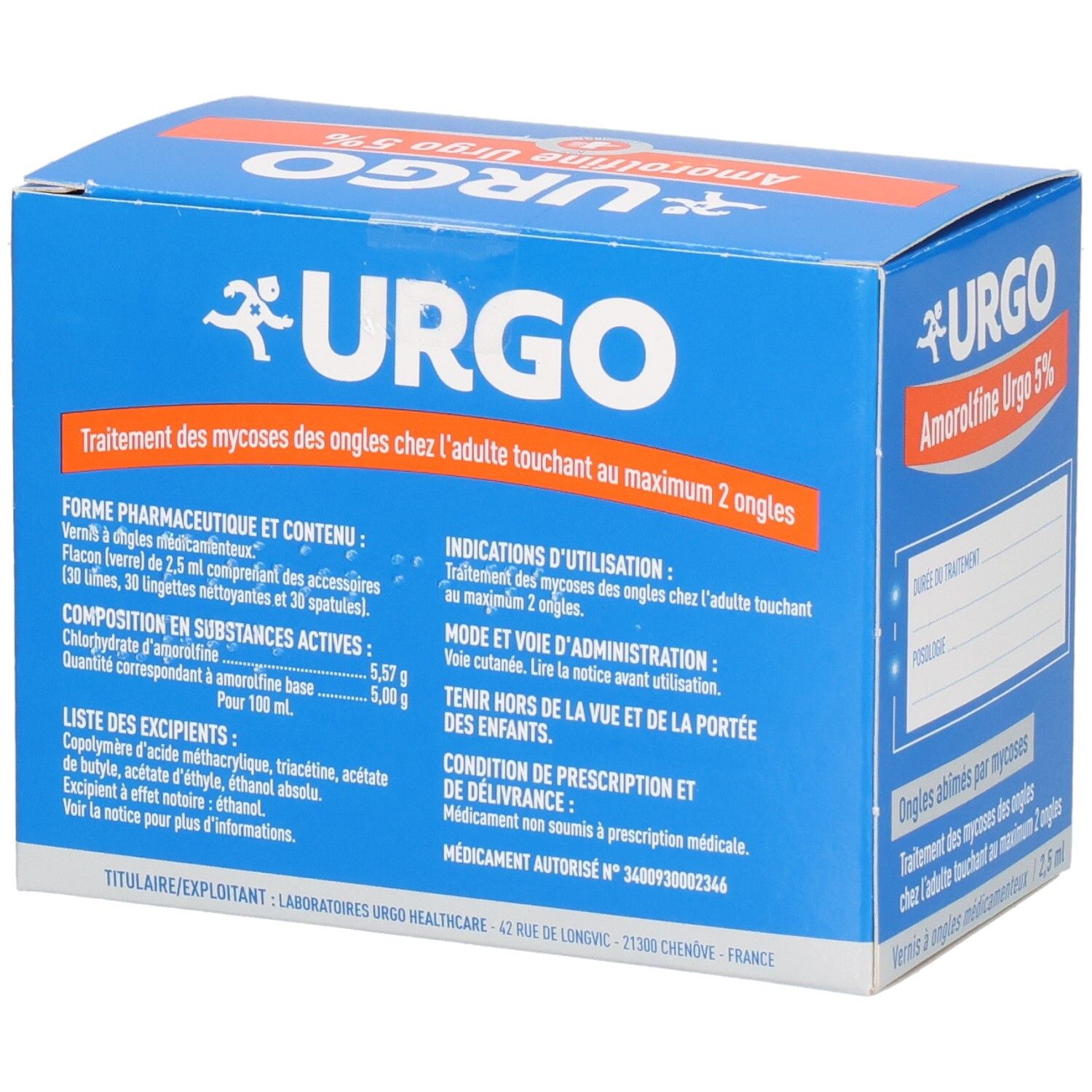 Boîte bleue. URGO Amorolfine Urgo 5%. Informations sur les ingrédients et l'utilisation. Texte en français.