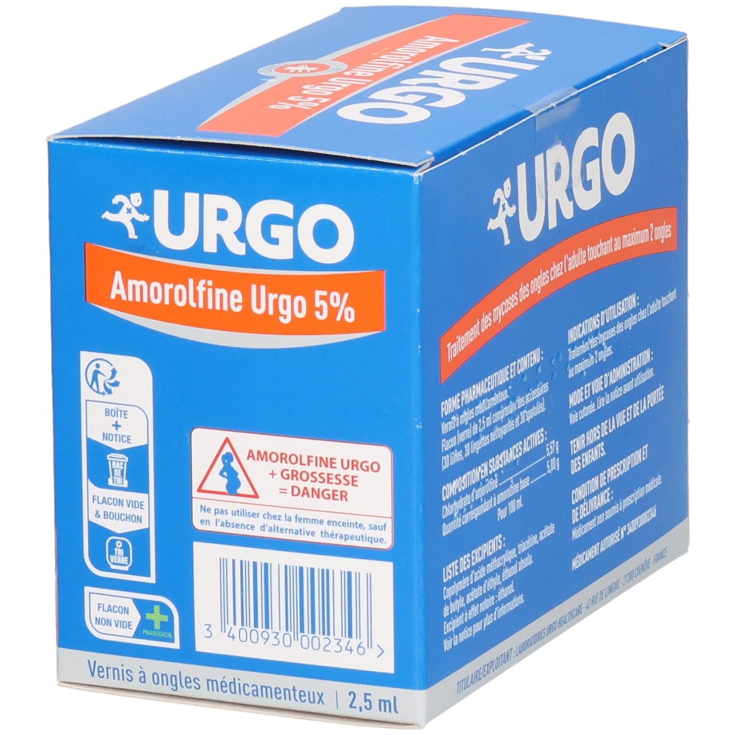 Boîte bleue. URGO Amorolfine Urgo 5%. Avertissement de grossesse. 2,5 ml. Texte en français.