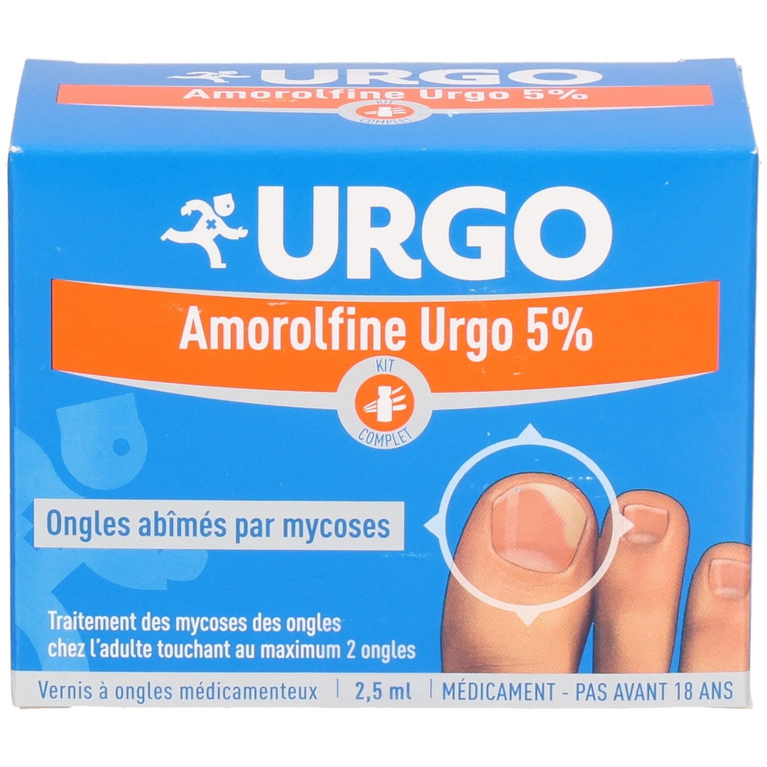 Boîte bleue et orange. URGO Amorolfine Urgo 5%. Kit pour mycoses des ongles. Visuel d'un ongle affecté.