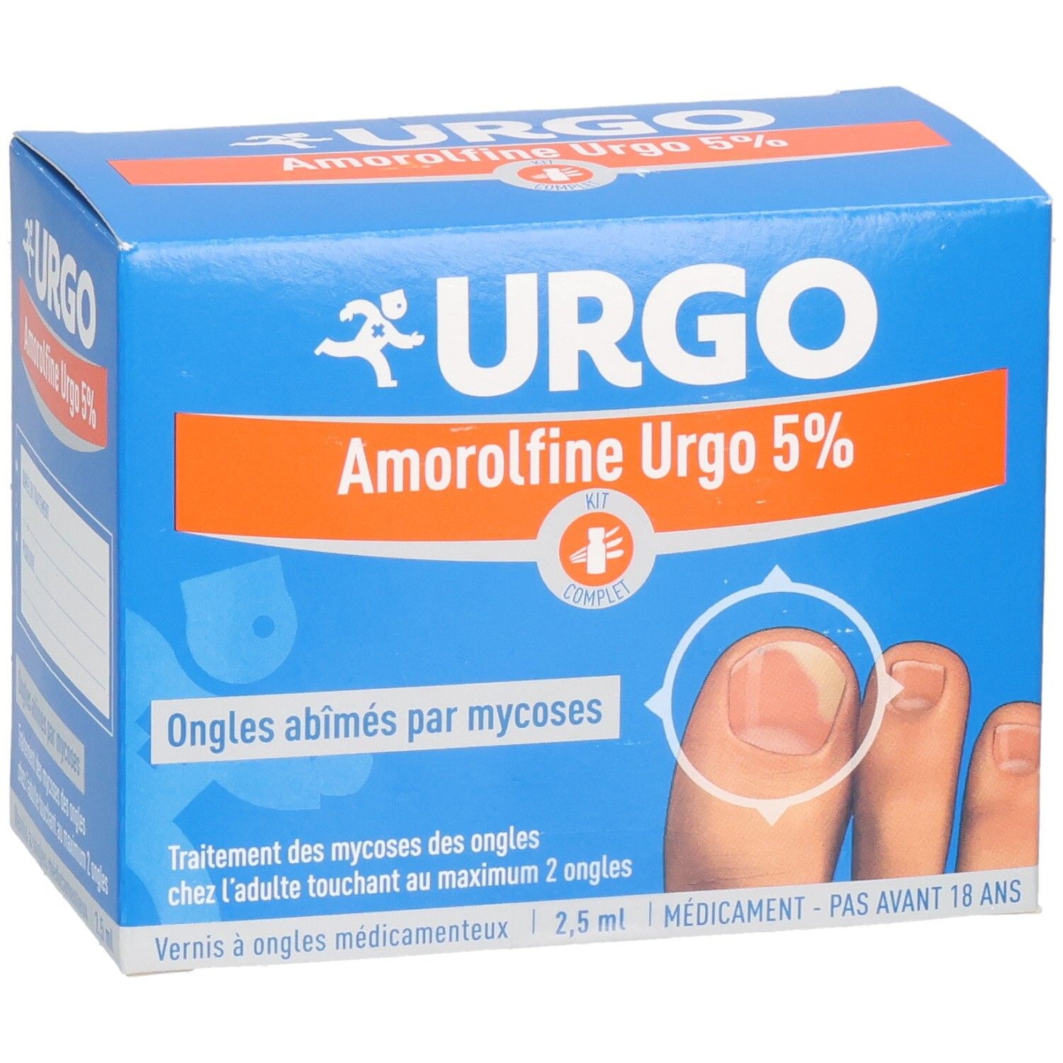 Boîte bleue et orange. URGO Amorolfine Urgo 5%. Kit pour mycoses des ongles. Visuel d'un ongle affecté.