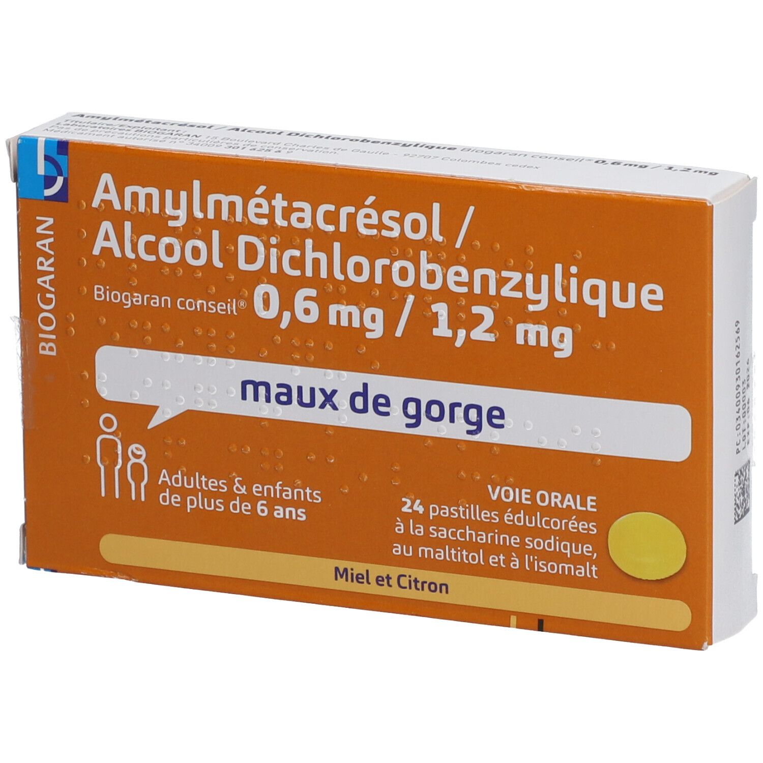 Amylmetacresol/Alcool dichlorobenzylique Biogaran Conseil – Pastille 0,6 mg/1,2 mg Miel Citron