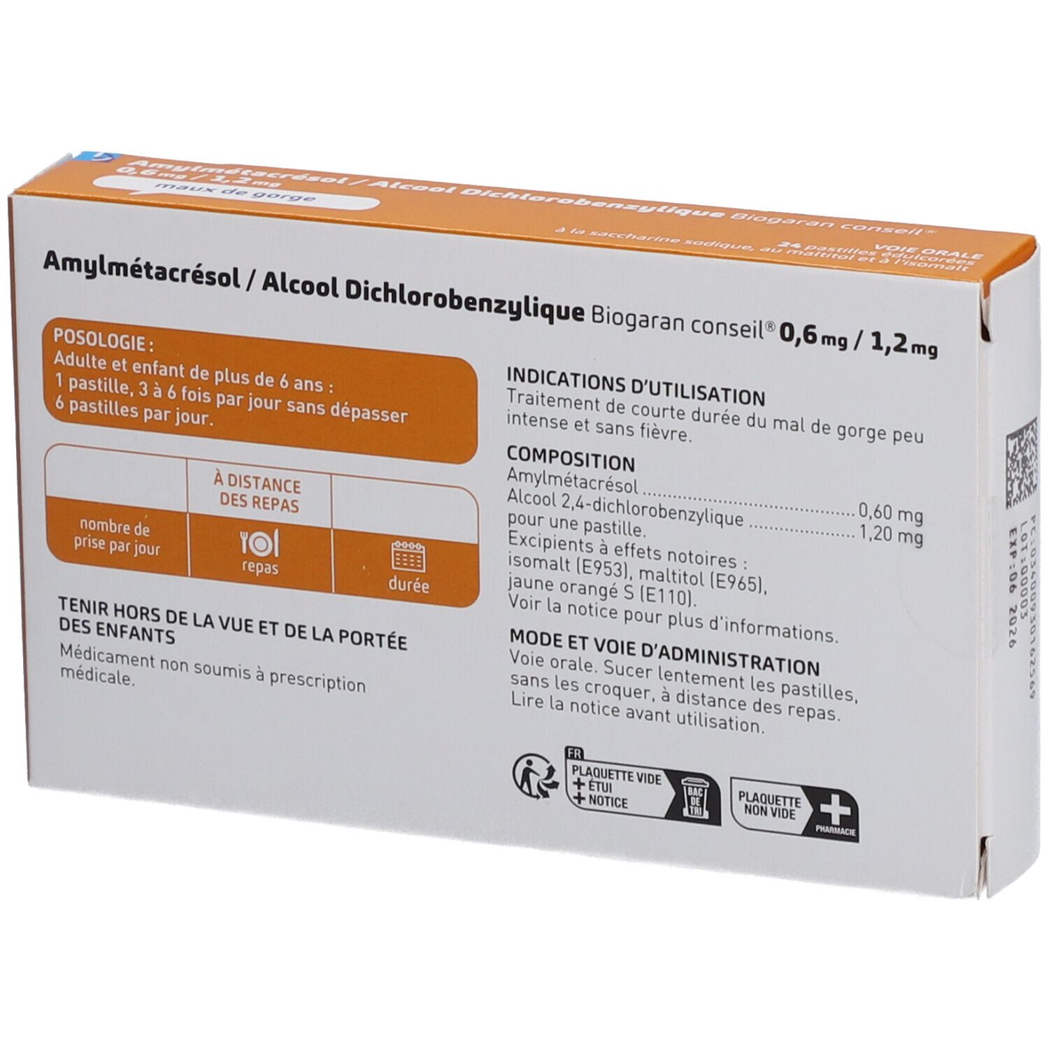 Amylmetacresol/Alcool dichlorobenzylique Biogaran Conseil – Pastille 0,6 mg/1,2 mg Miel Citron