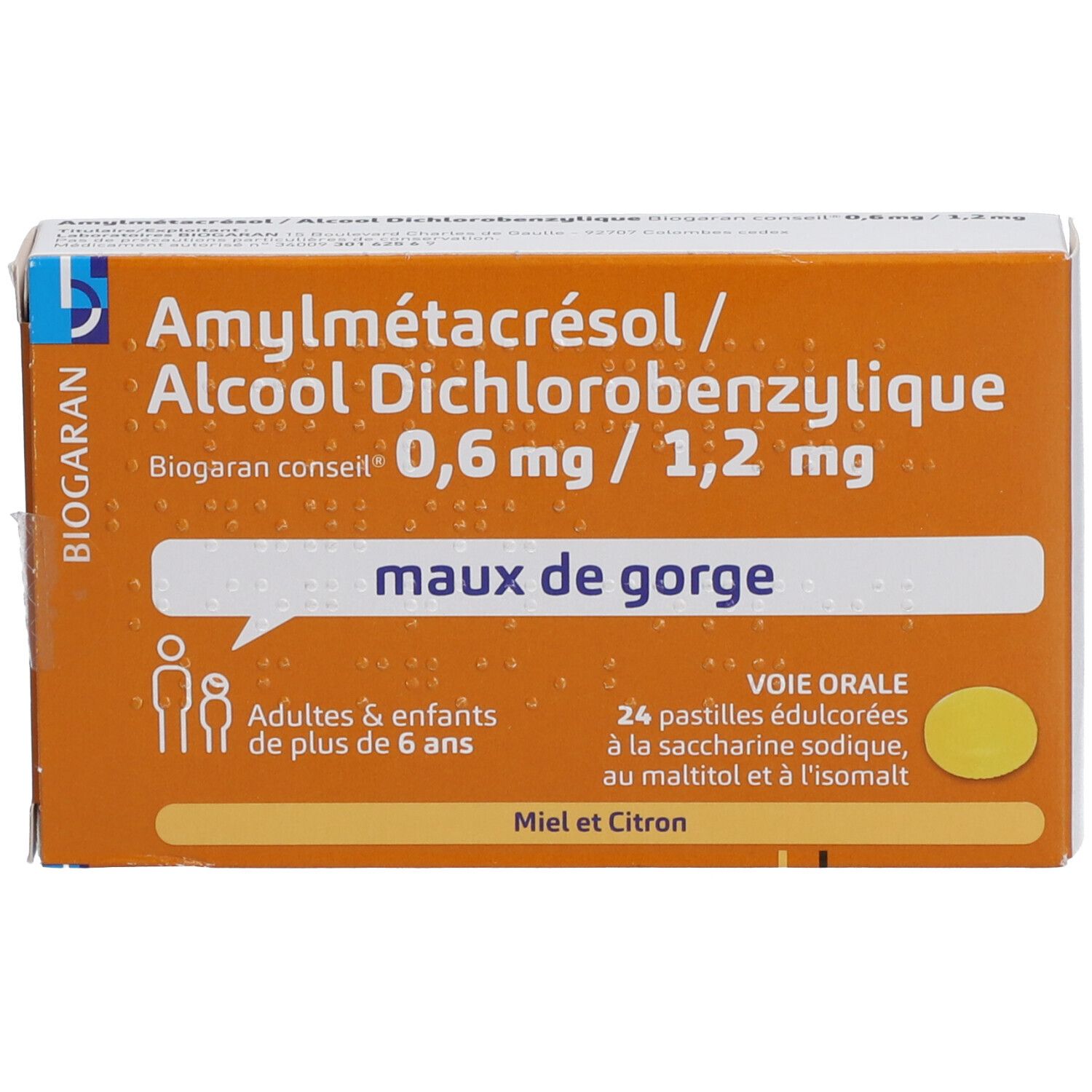 Amylmetacresol/Alcool dichlorobenzylique Biogaran Conseil – Pastille 0,6 mg/1,2 mg Miel Citron