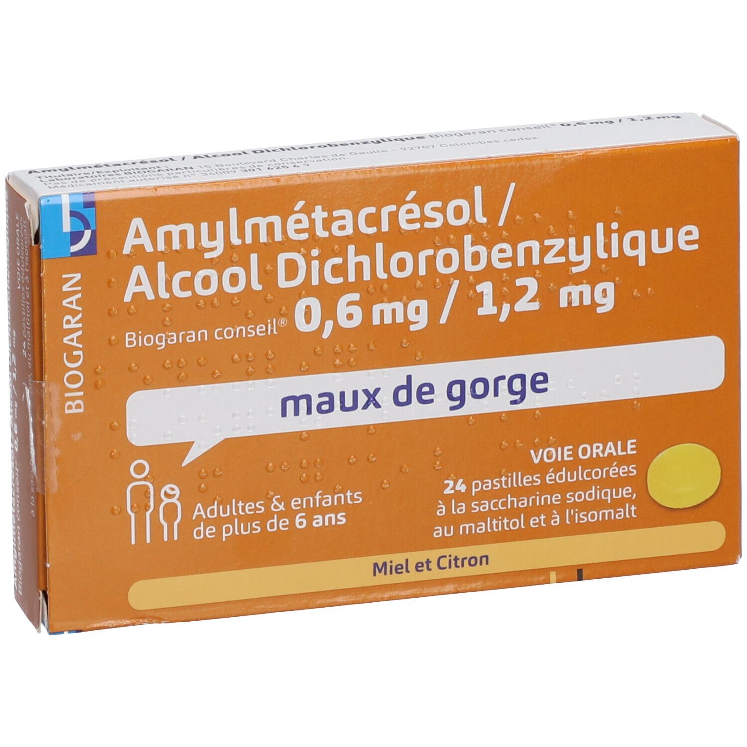 Amylmetacresol/Alcool dichlorobenzylique Biogaran Conseil – Pastille 0,6 mg/1,2 mg Miel Citron