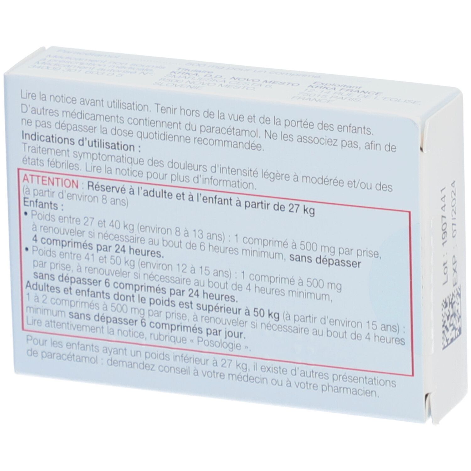 Paracétamol KRKA – Comprimé 500 mg