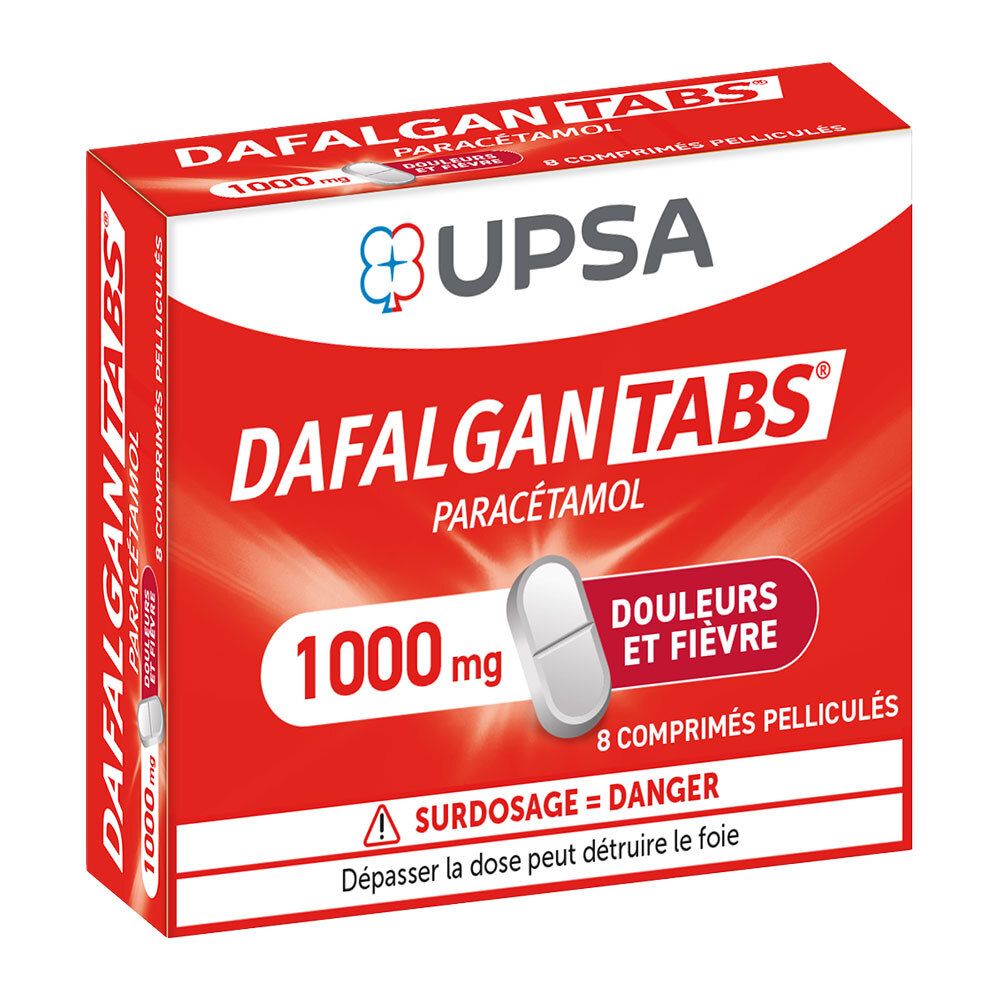 Boîte rouge DAFALGAN TABS 1000 mg, logo UPSA, Paracétamol, 8 comprimés pelliculés. Triangle d'avertissement.
