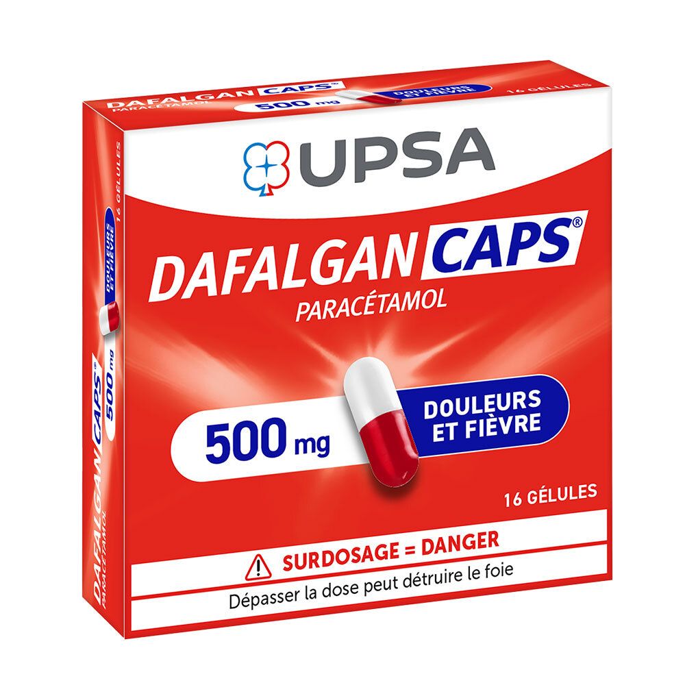 Boîte rouge et blanche DAFALGAN CAPS 500mg. Contient 16 gélules. Inscriptions: UPSA, Paracétamol, Douleurs et Fièvre.