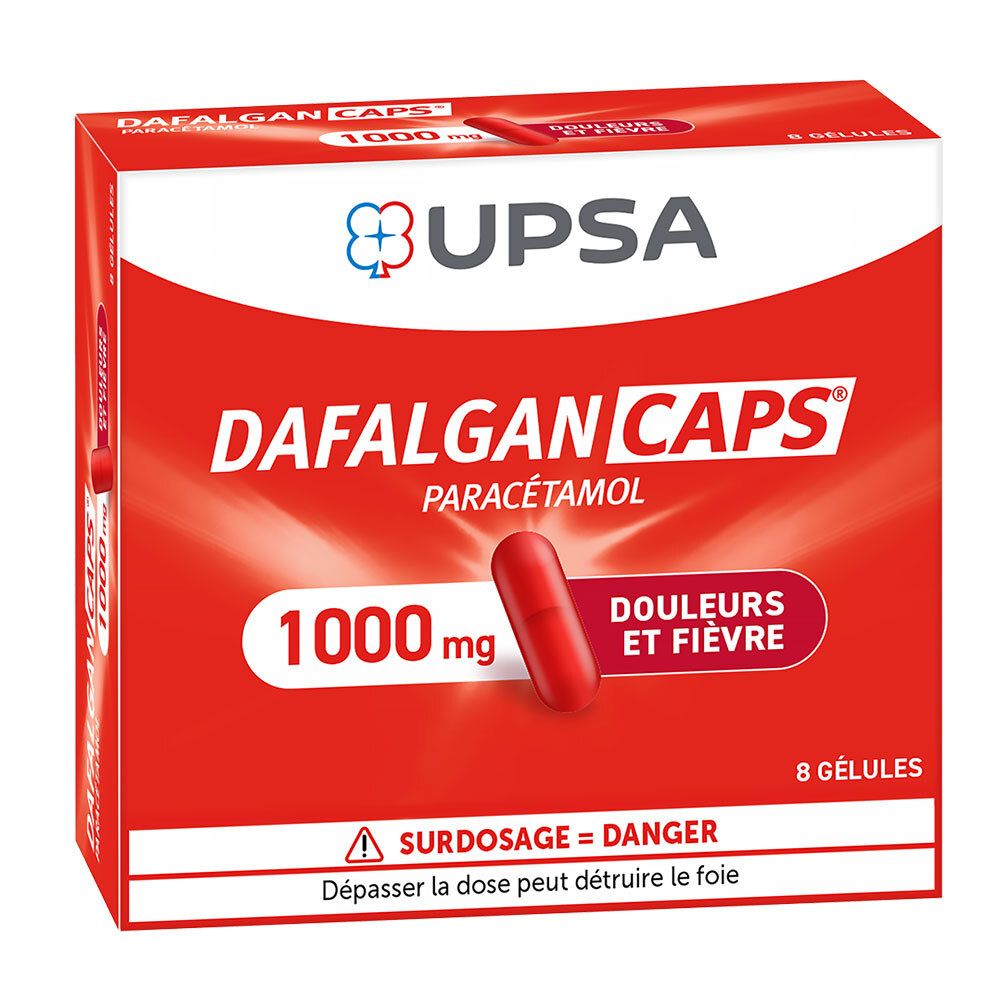 Boîte rouge DAFALGAN CAPS 1000 mg. Contient 8 gélules. Inscriptions: UPSA, Paracétamol, Douleurs et Fièvre. Avertissement: Surdosage = Danger.