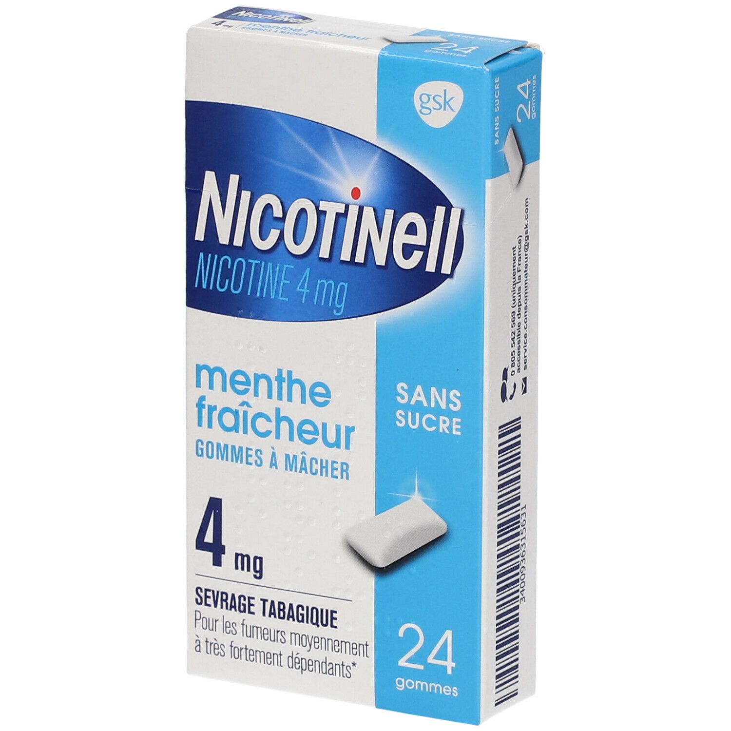 Boîte Nicotinell Menthe fraicheur 4 mg, 24 gommes. Gomme à mâcher à côté. Emballage bleu et blanc.
