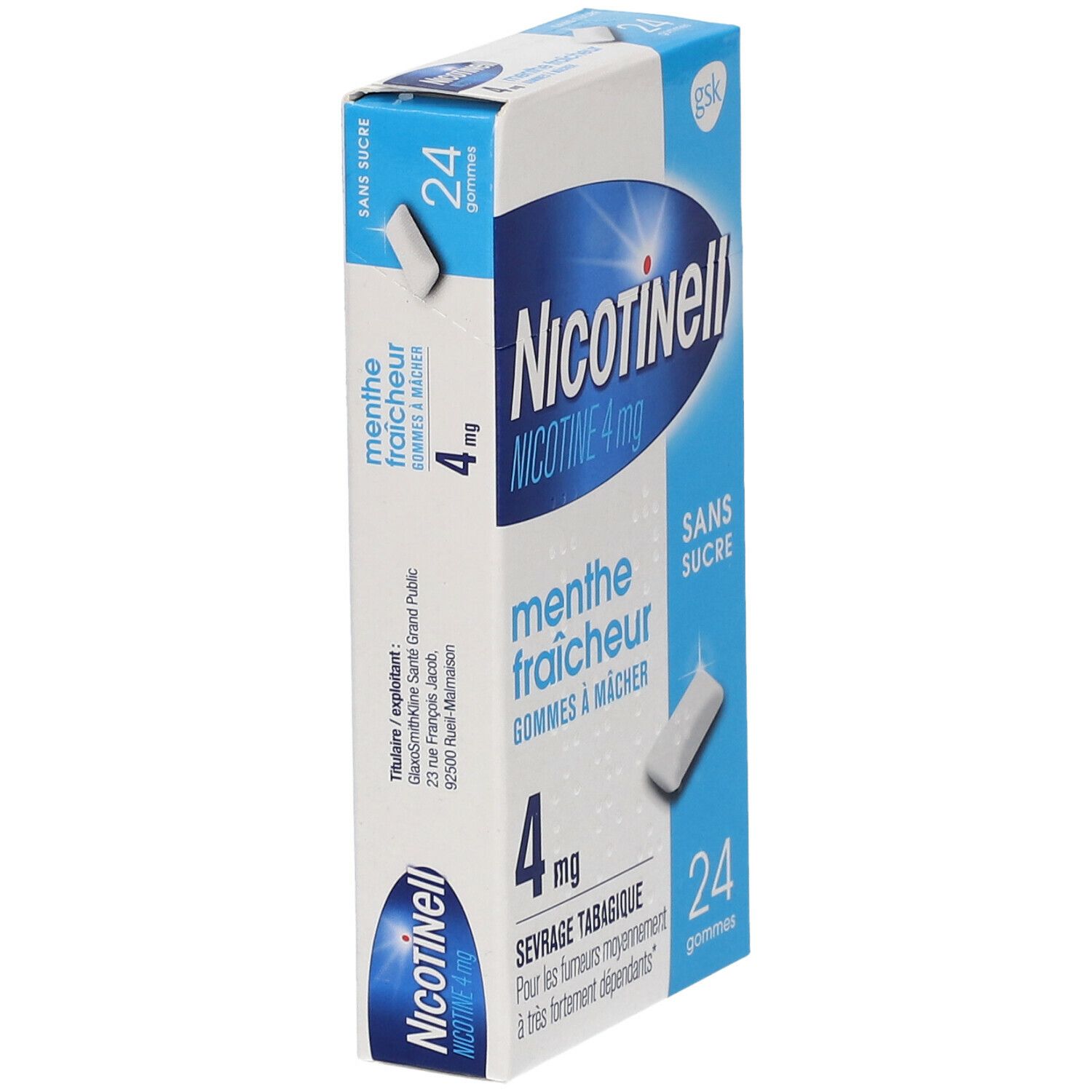 Boîte Nicotinell Menthe fraicheur 4 mg, 24 gommes. Gomme à mâcher. Emballage bleu et blanc.