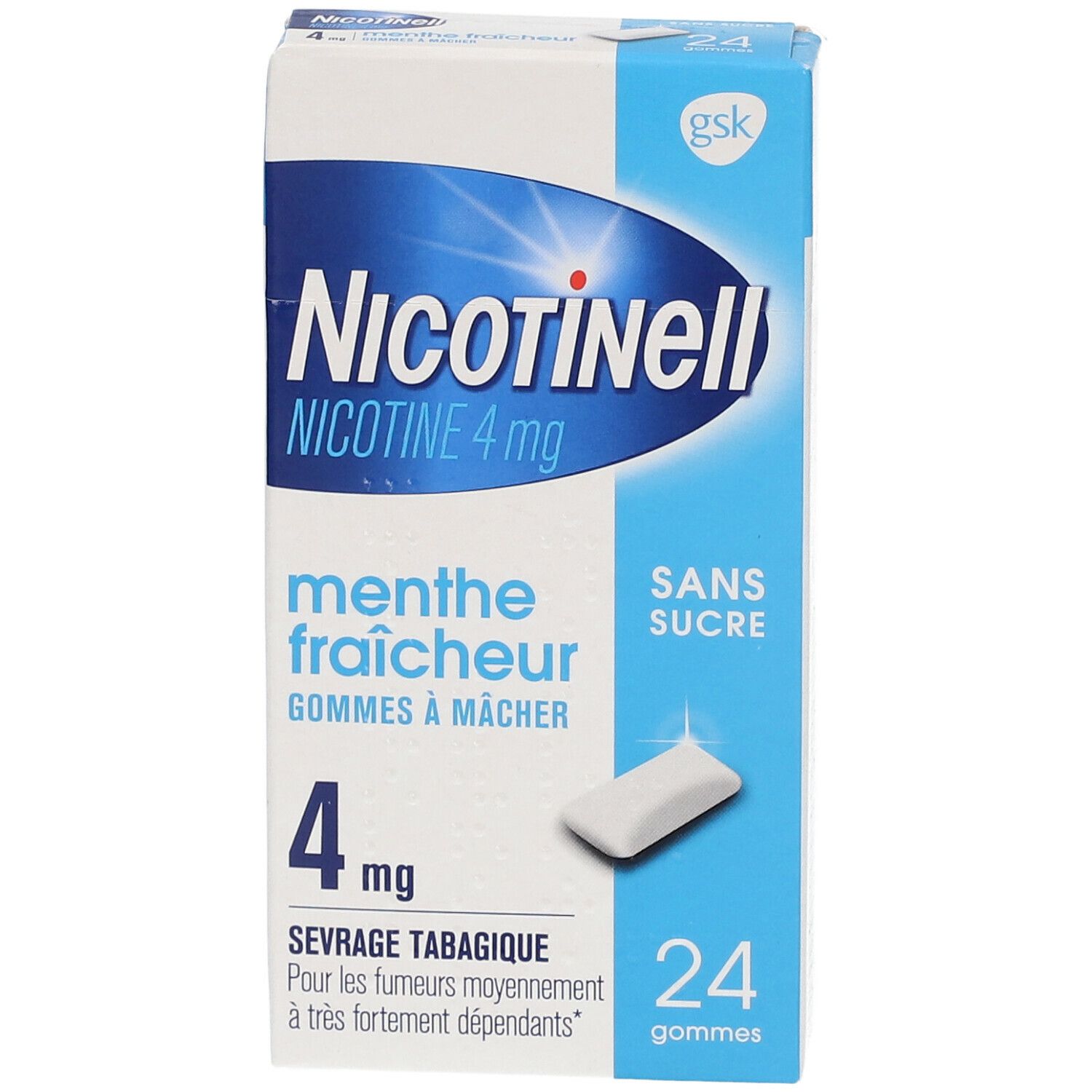 Boîte Nicotinell Menthe fraicheur 4 mg, 24 gommes. Gomme à mâcher à côté. Emballage bleu et blanc.