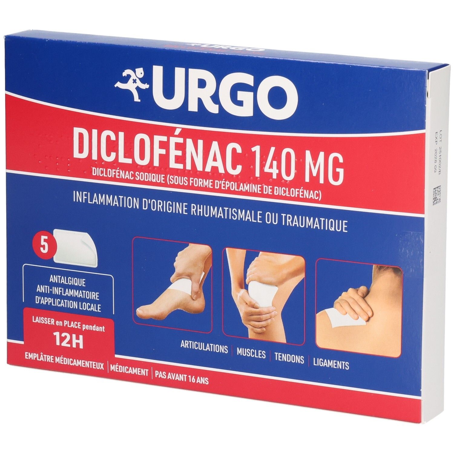 Boîte bleue et blanche Urgo Diclofenac 140 mg. Contient 5 emplâtres. Illustrations d'application. Texte: Inflammations.