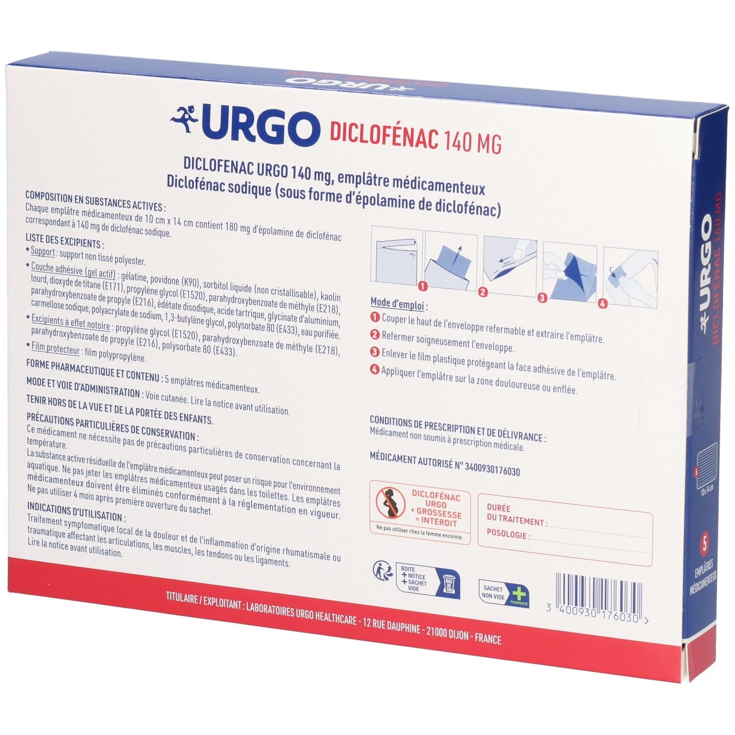 Dos de la boîte Urgo Diclofenac 140 mg. Contient texte, instructions et ingrédients. Fond blanc.