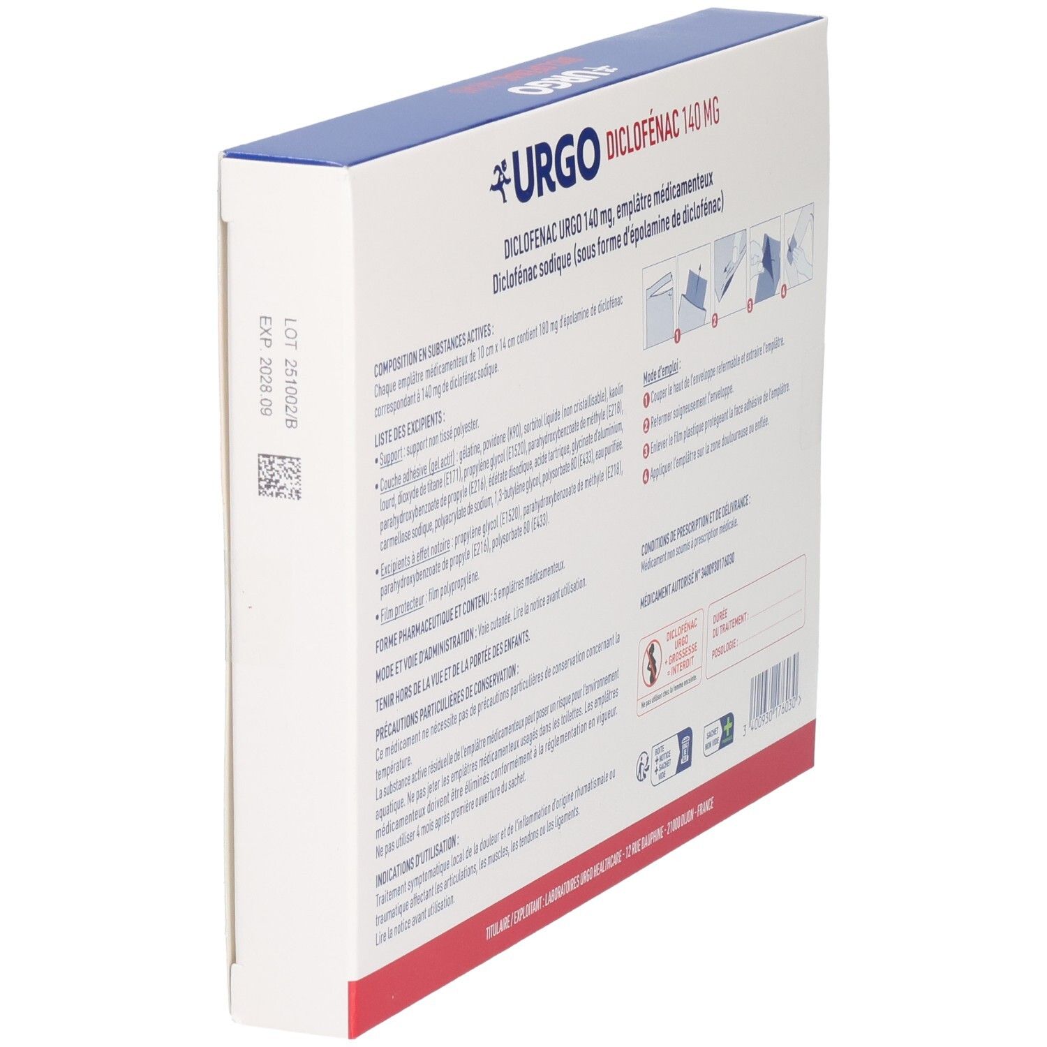 Vue latérale de la boîte Urgo Diclofenac 140 mg. Affiche texte et date de péremption. Fond blanc.