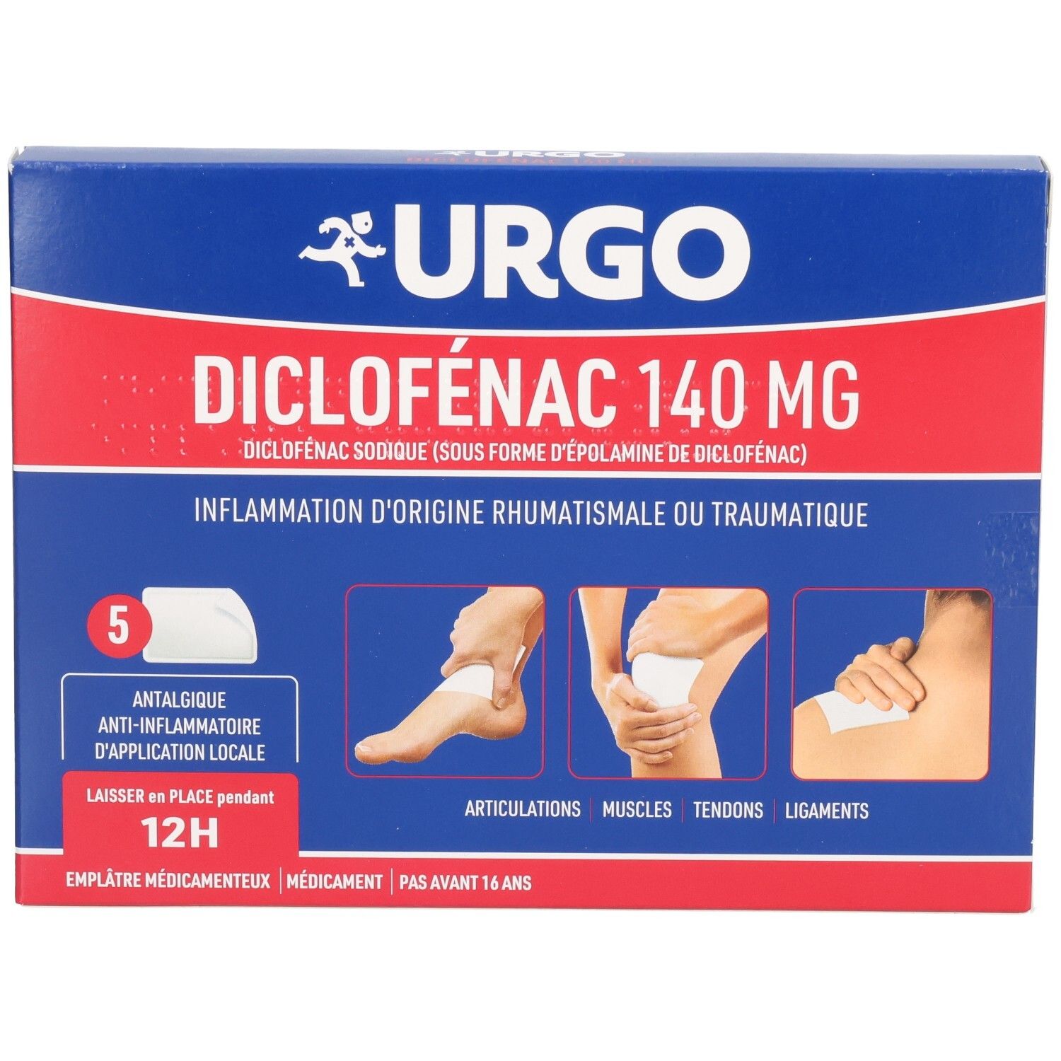 Boîte Urgo Diclofenac 140 mg, bleu et blanc. Montre 5 emplâtres, illustrations et texte. Vue de face.