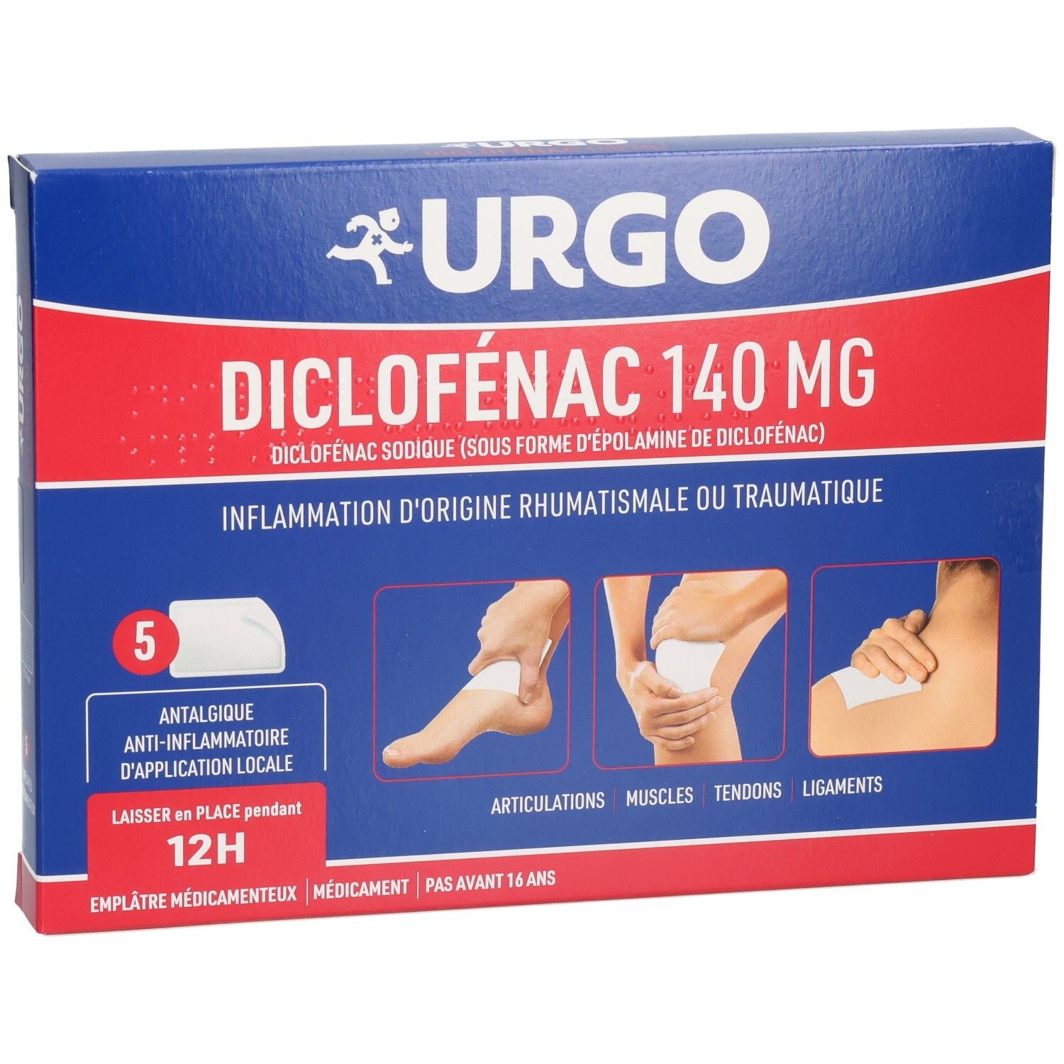 Boîte Urgo Diclofenac 140 mg, bleu et blanc. Montre 5 emplâtres, illustrations et texte. Vue de face.