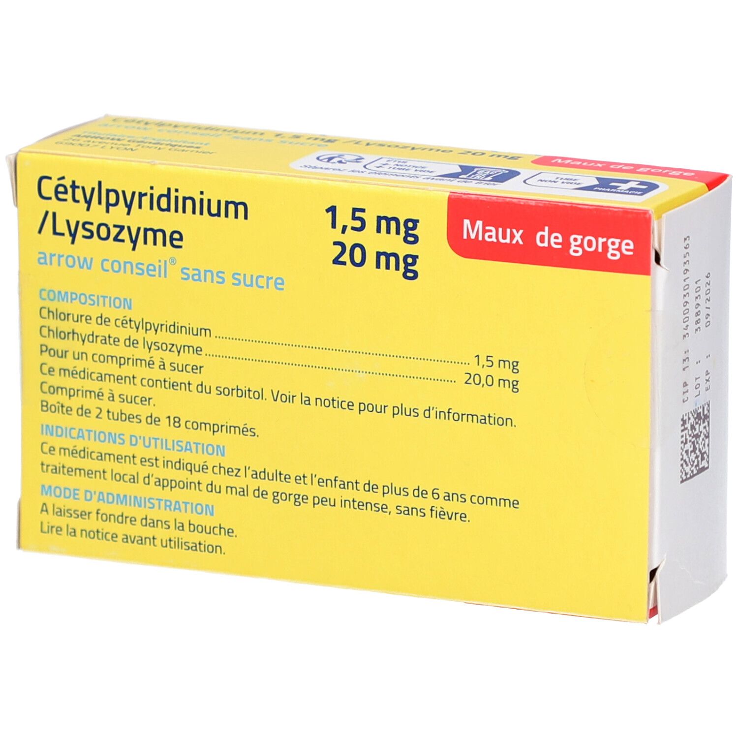 Boîte jaune de comprimés Cétylpyridinium/Lysozyme. Contient 36 comprimés. Dosage : 1,5 mg/20 mg. Dos arrière avec texte.