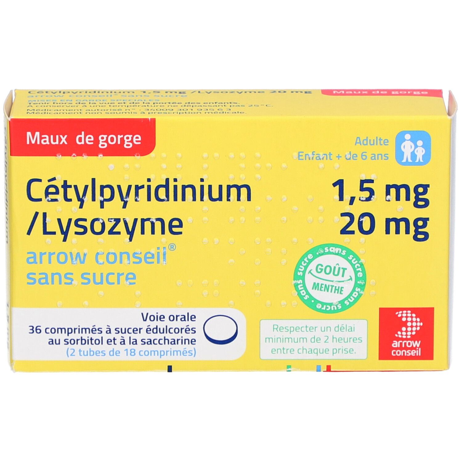 Boîte jaune de comprimés à sucer Cétylpyridinium/Lysozyme. Contient 36 comprimés. Dosage : 1,5 mg/20 mg.