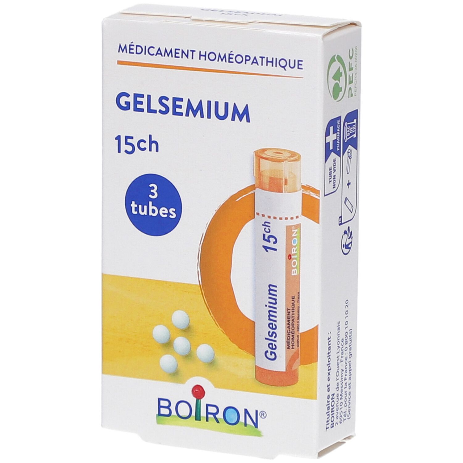 Boîte de Gelsemium 15ch, 3 tubes. Marque Boiron. Boîte blanche avec nom du produit et illustration de granules.