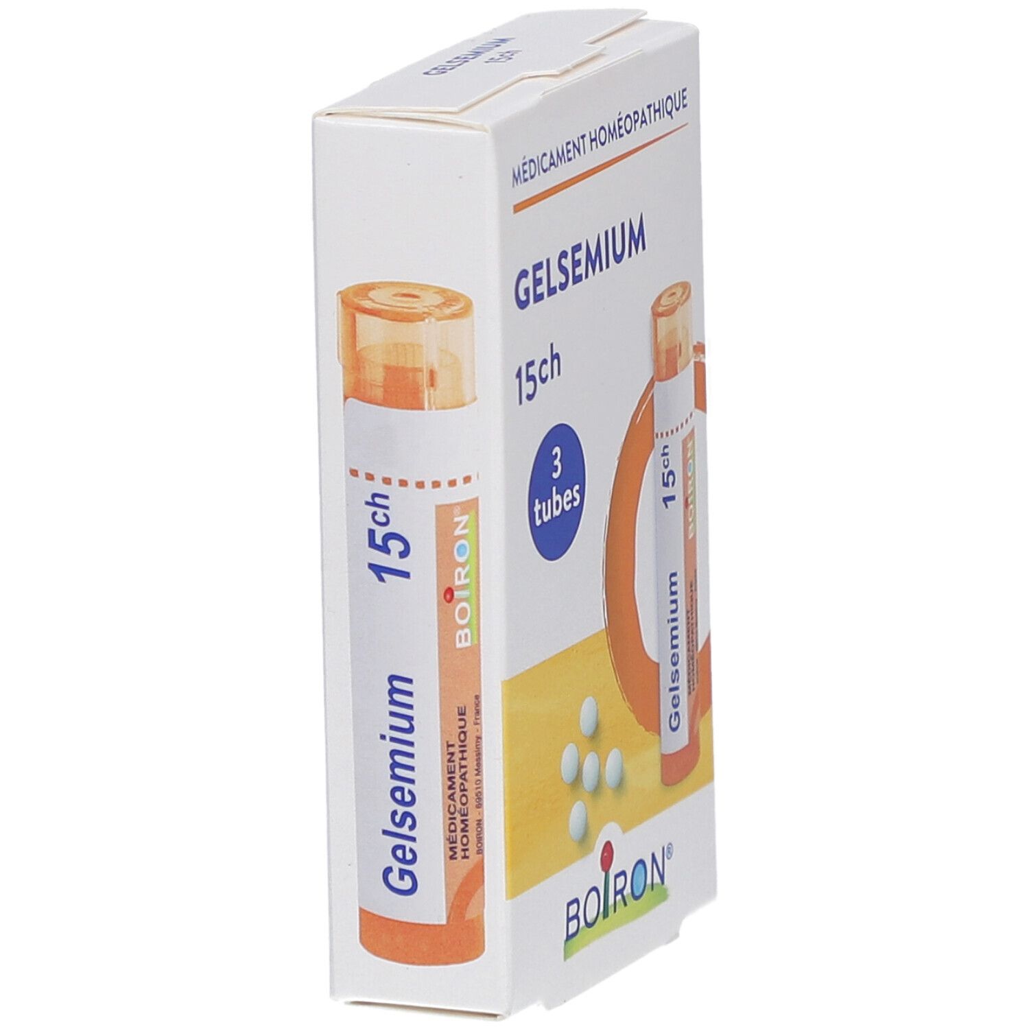 Boîte Gelsemium 15ch, 3 tubes. Marque Boiron. Boîte blanche, nom du produit, illustration de granules et un tube.