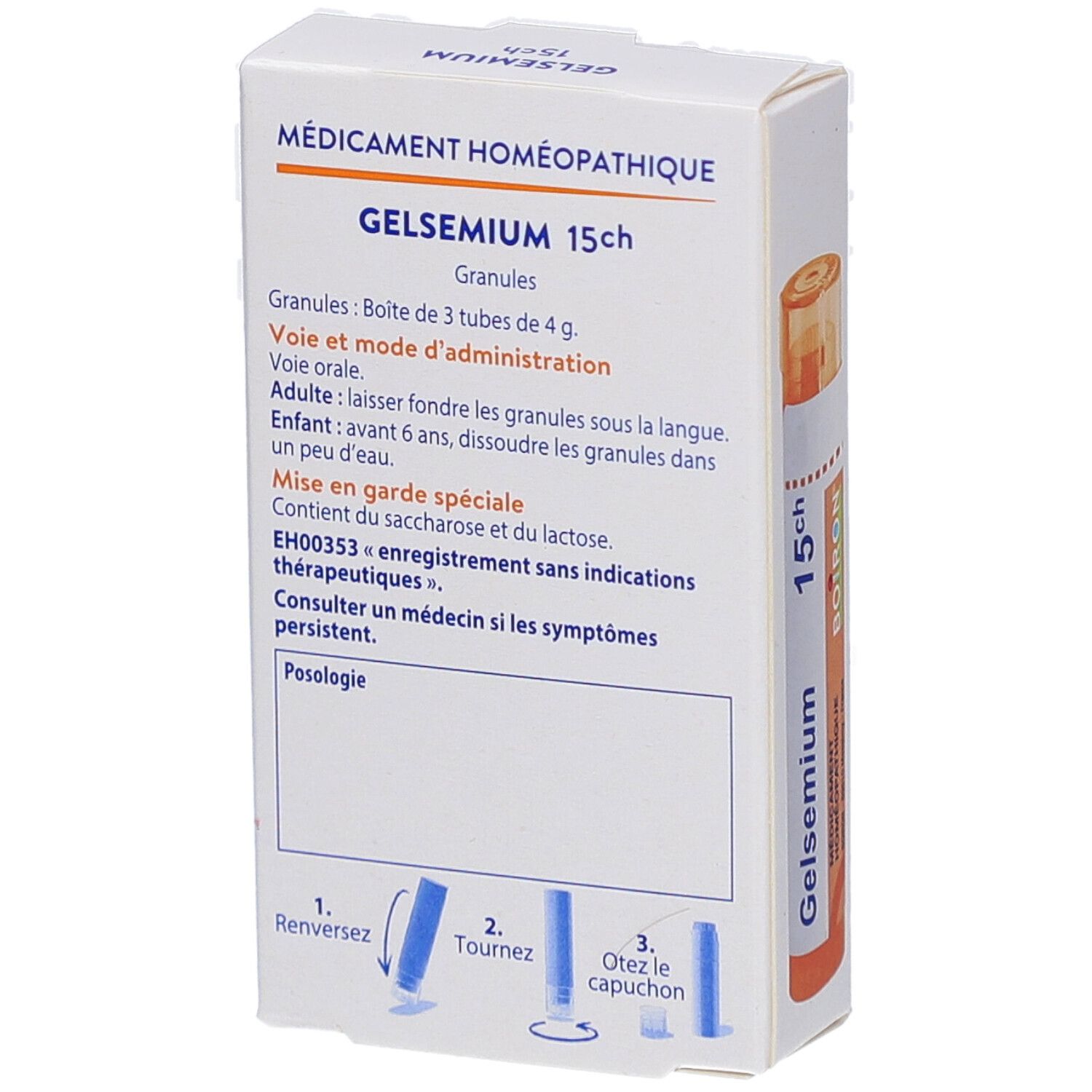 Dos de la boîte Gelsemium 15ch. Informations textuelles, instructions, ingrédients. Marque Boiron.