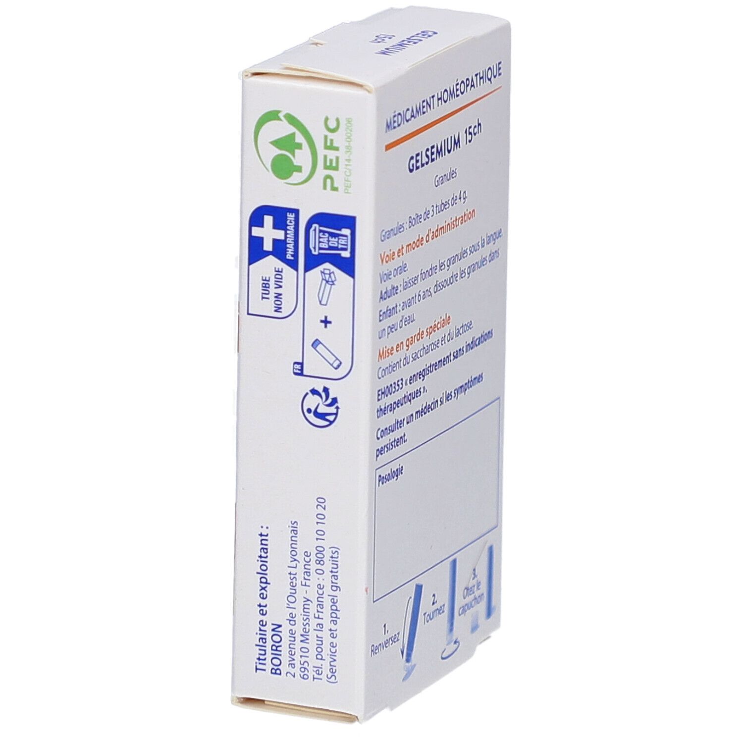 Boîte Gelsemium 15ch, côté avec texte et logos. Marque Boiron. Logo de recyclage.