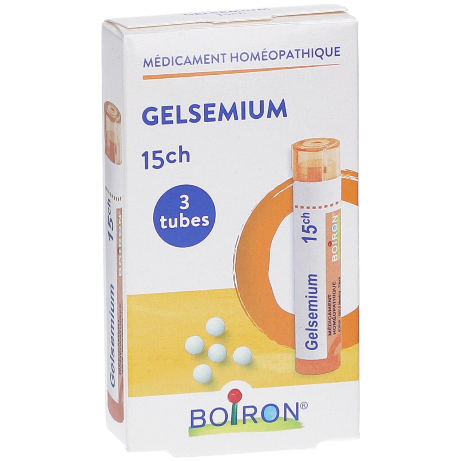 Boîte Gelsemium 15ch, 3 tubes. Marque Boiron. Boîte blanche avec nom du produit et illustration de granules.