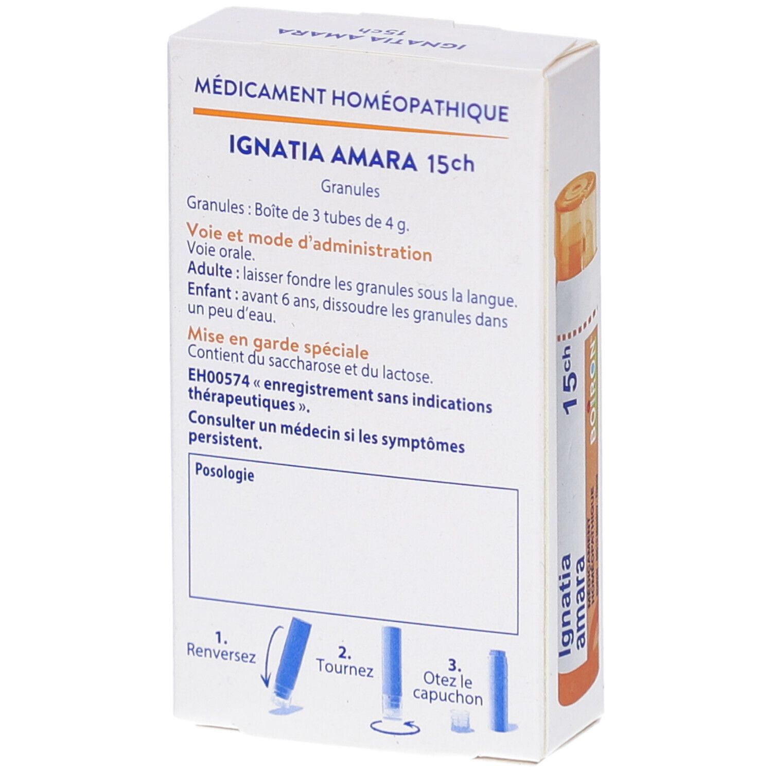 Dos de la boîte avec texte. Inscription: IGNATIA AMARA 15ch, granules. Instructions et ingrédients. Marque BOIRON.