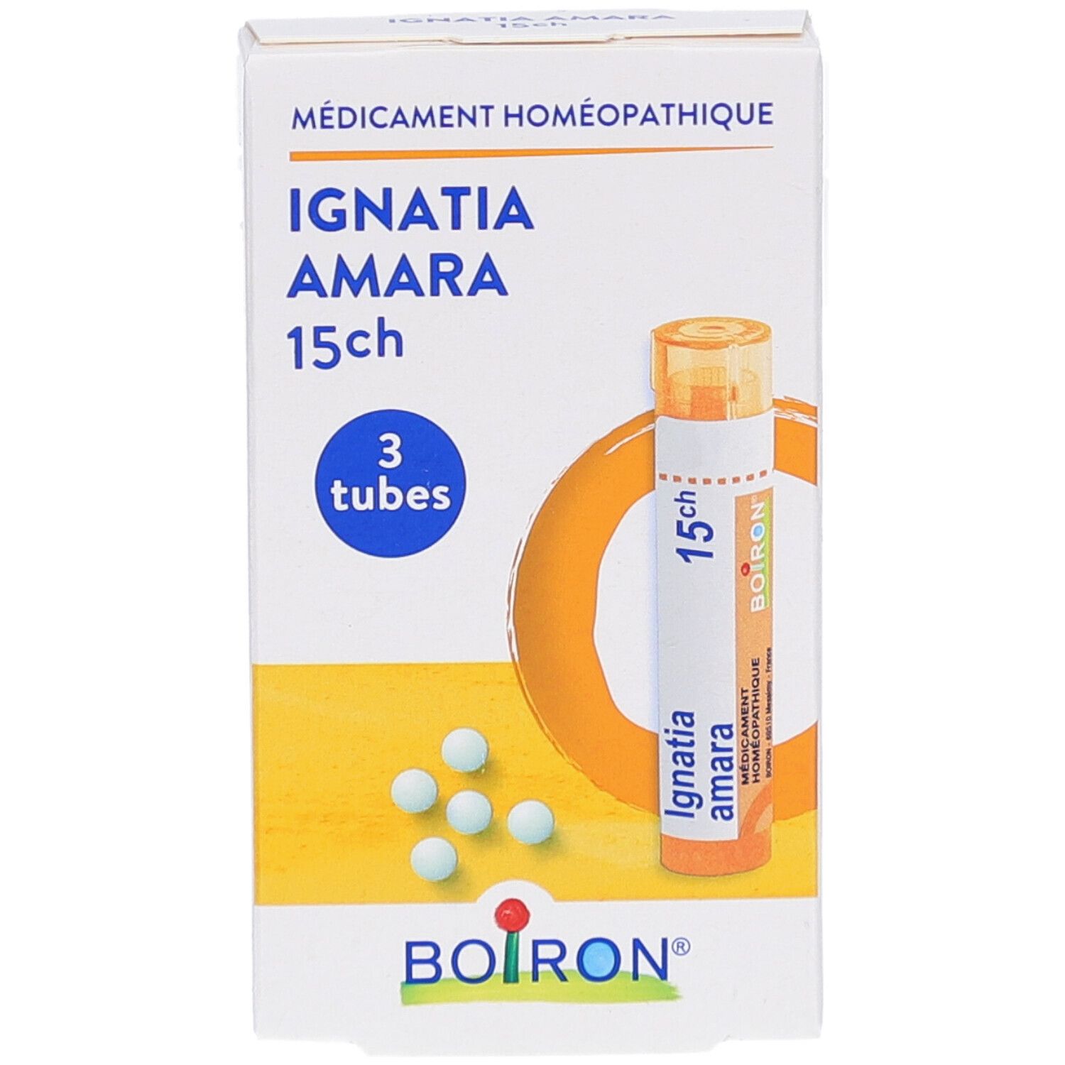 Boîte de 3 tubes de granules. Inscription: IGNATIA AMARA 15ch. Tube orange avec granules blancs. Marque BOIRON.