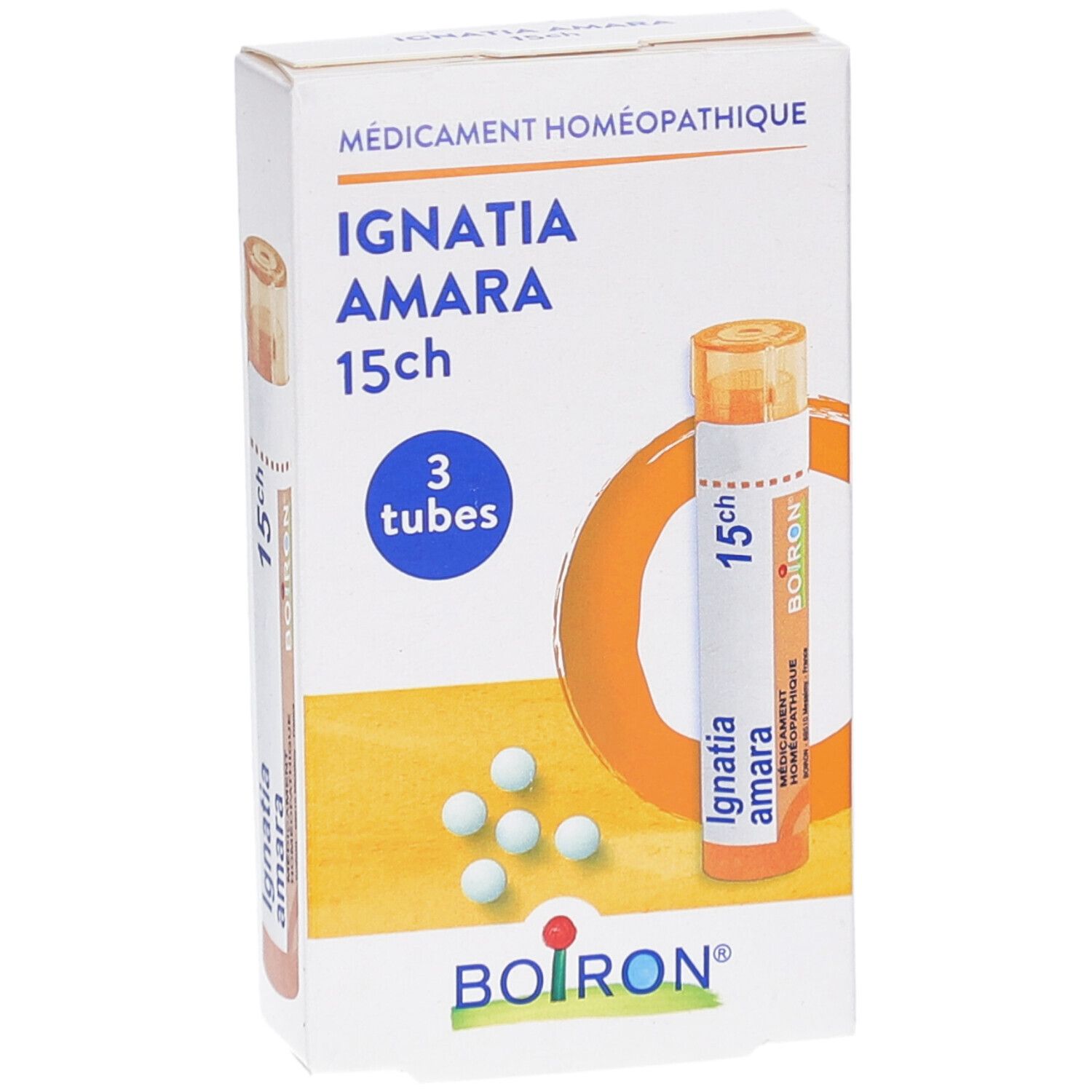 Boîte de 3 tubes de granules. Inscription: IGNATIA AMARA 15ch. Tube orange avec granules blancs. Marque BOIRON.