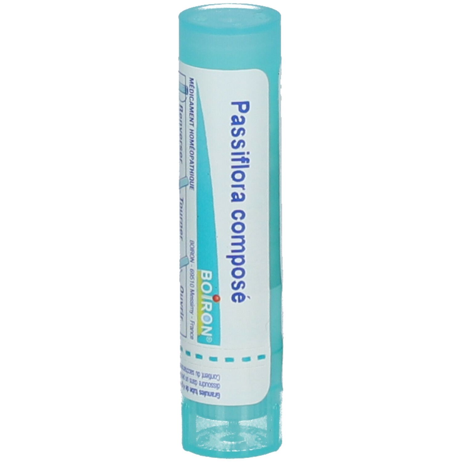 Tube BOIRON Passiflora composé avec bouchon et étiquette bleus.